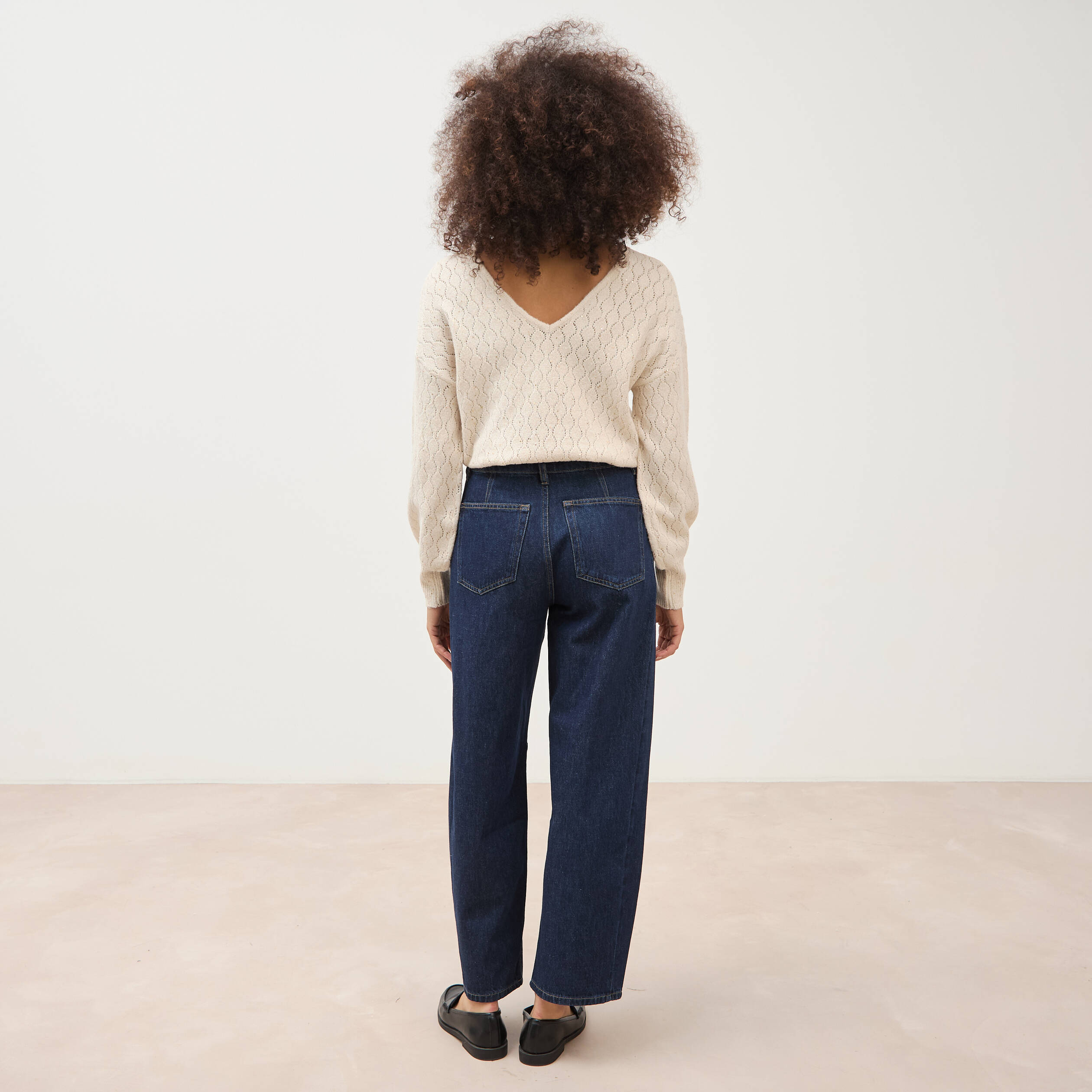 Jeans barrel taille haute broderie denim brut clean femme