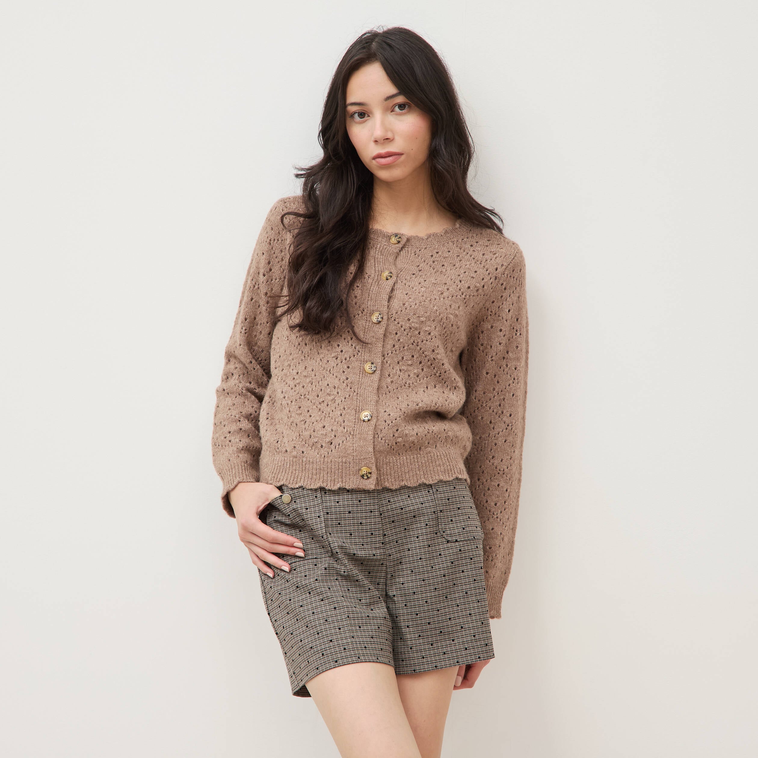 Gilet manches longues col rond taupe femme