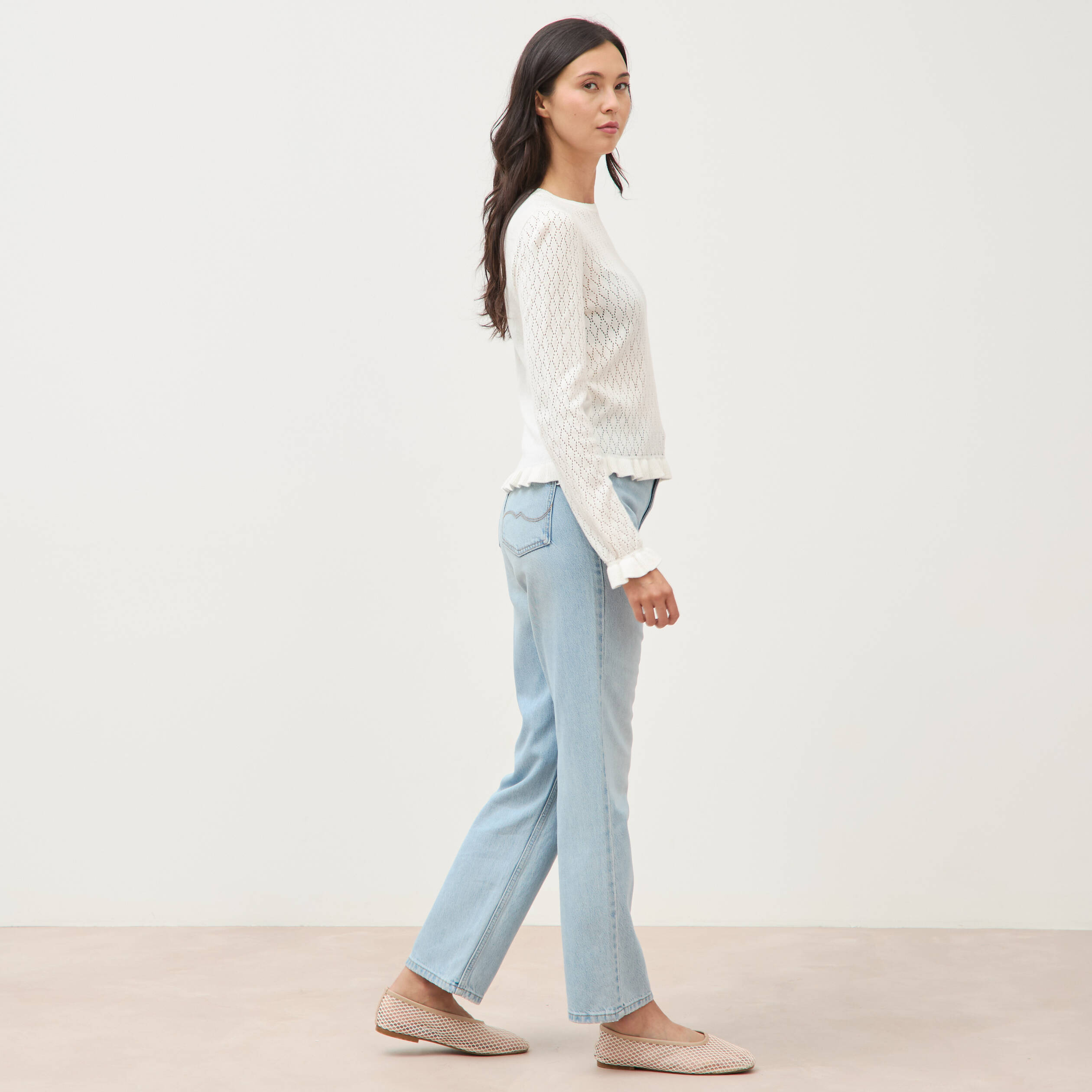 Pull ajour&eacute; col rond manches longues ecru femme