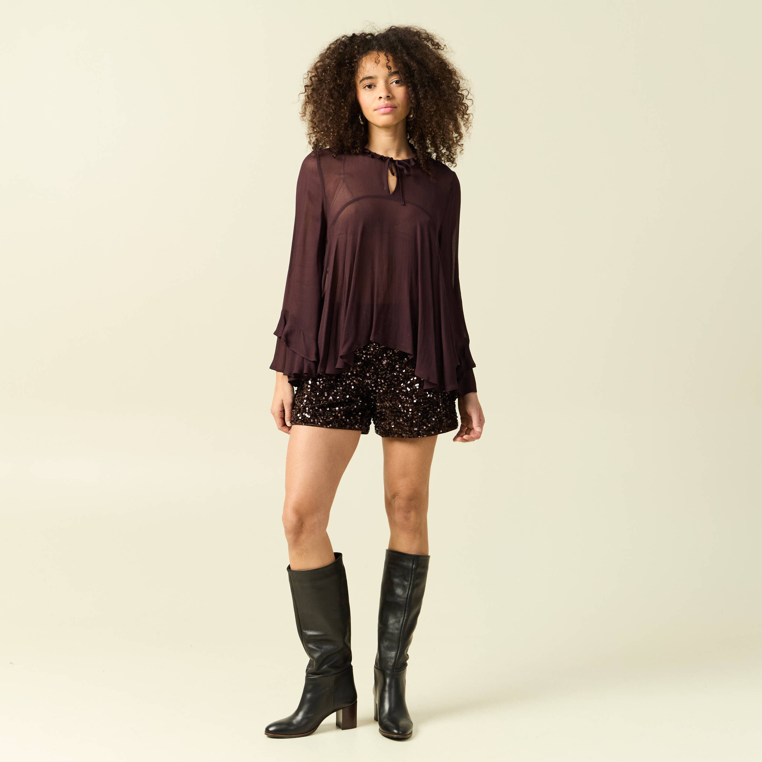 Short ajust&eacute; taille haute doubl&eacute; marron femme