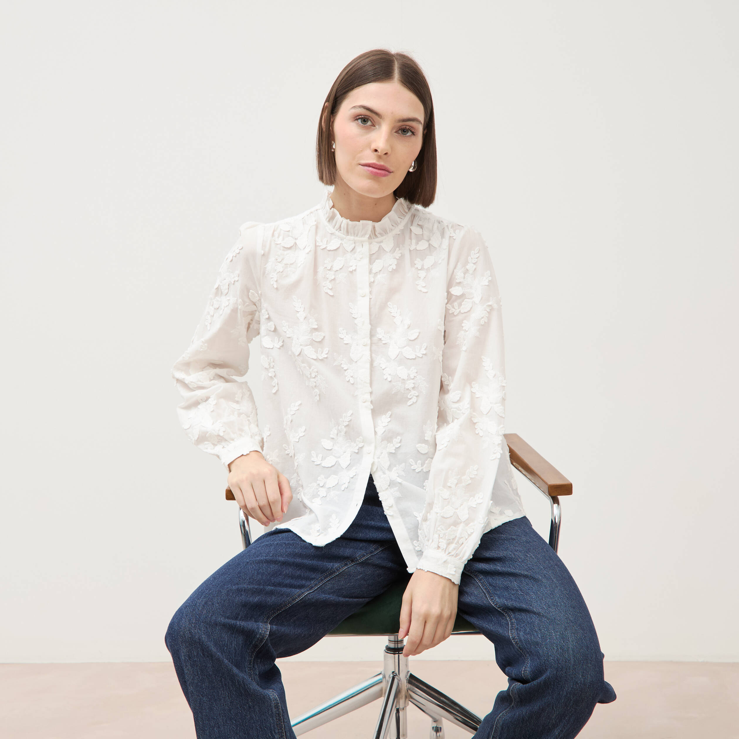 Chemise en coton manches longues ecru femme