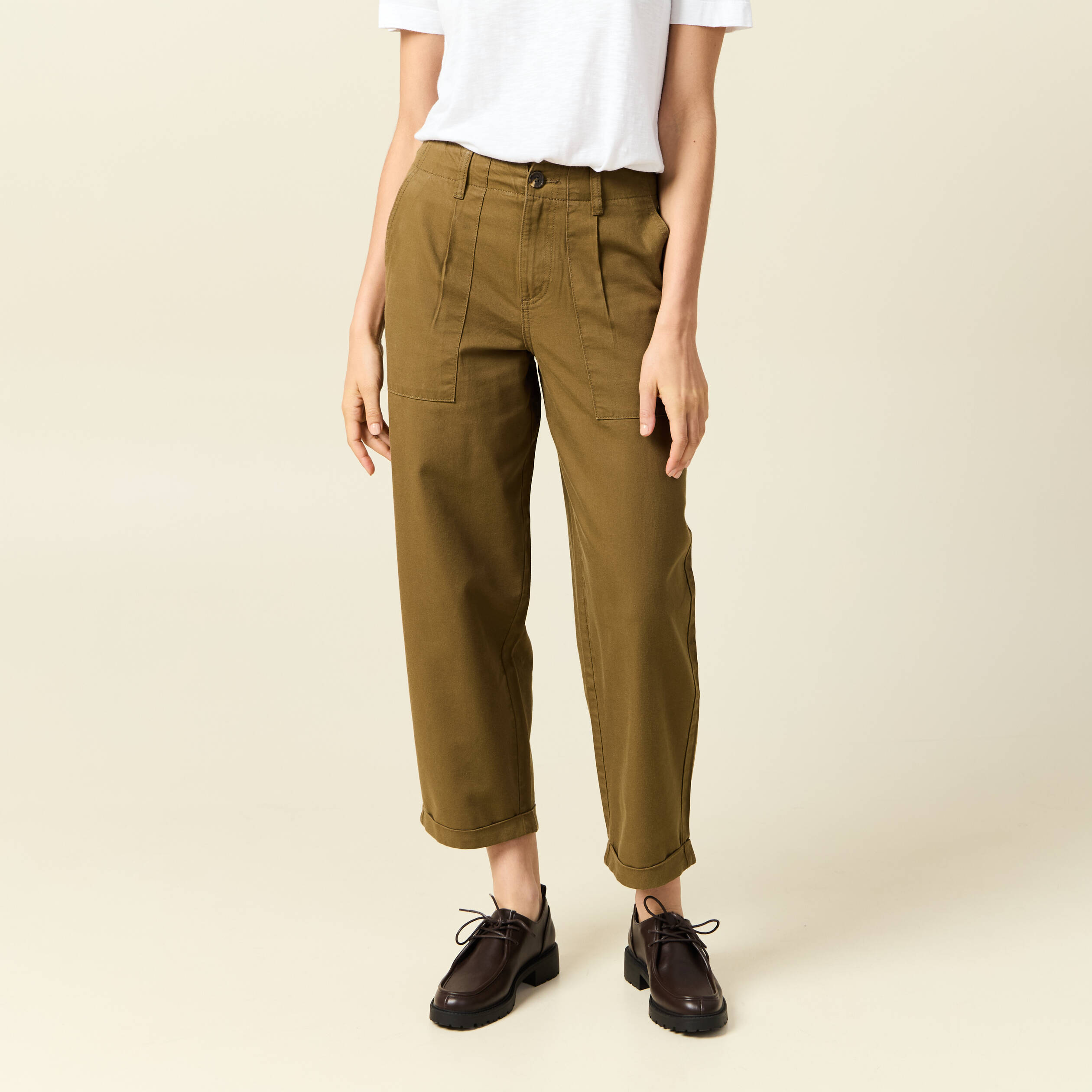 Jeans barrel taille haute 7/8ème vert kaki femme Bonobo - Main Image