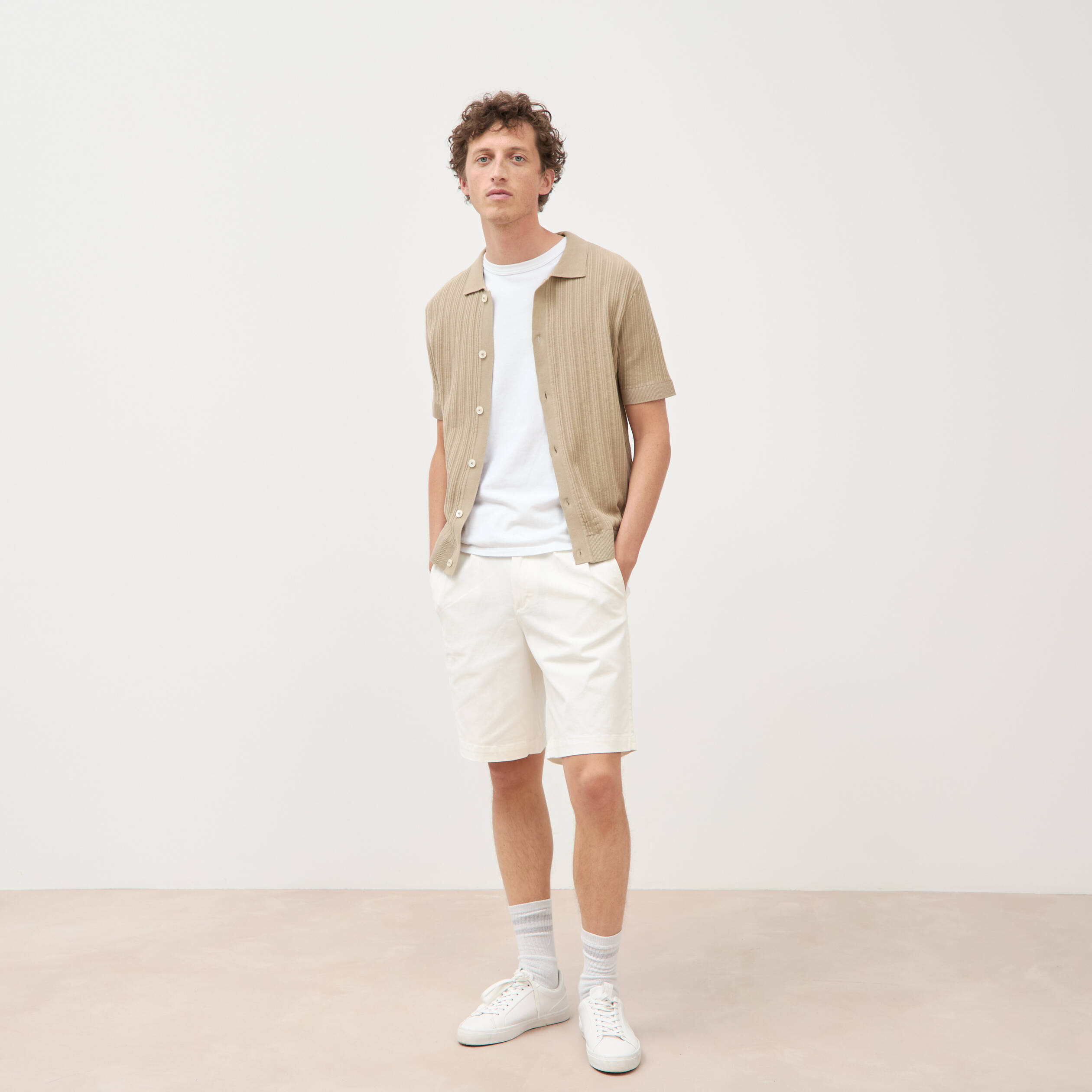 Chemise en coton manches courtes beige homme