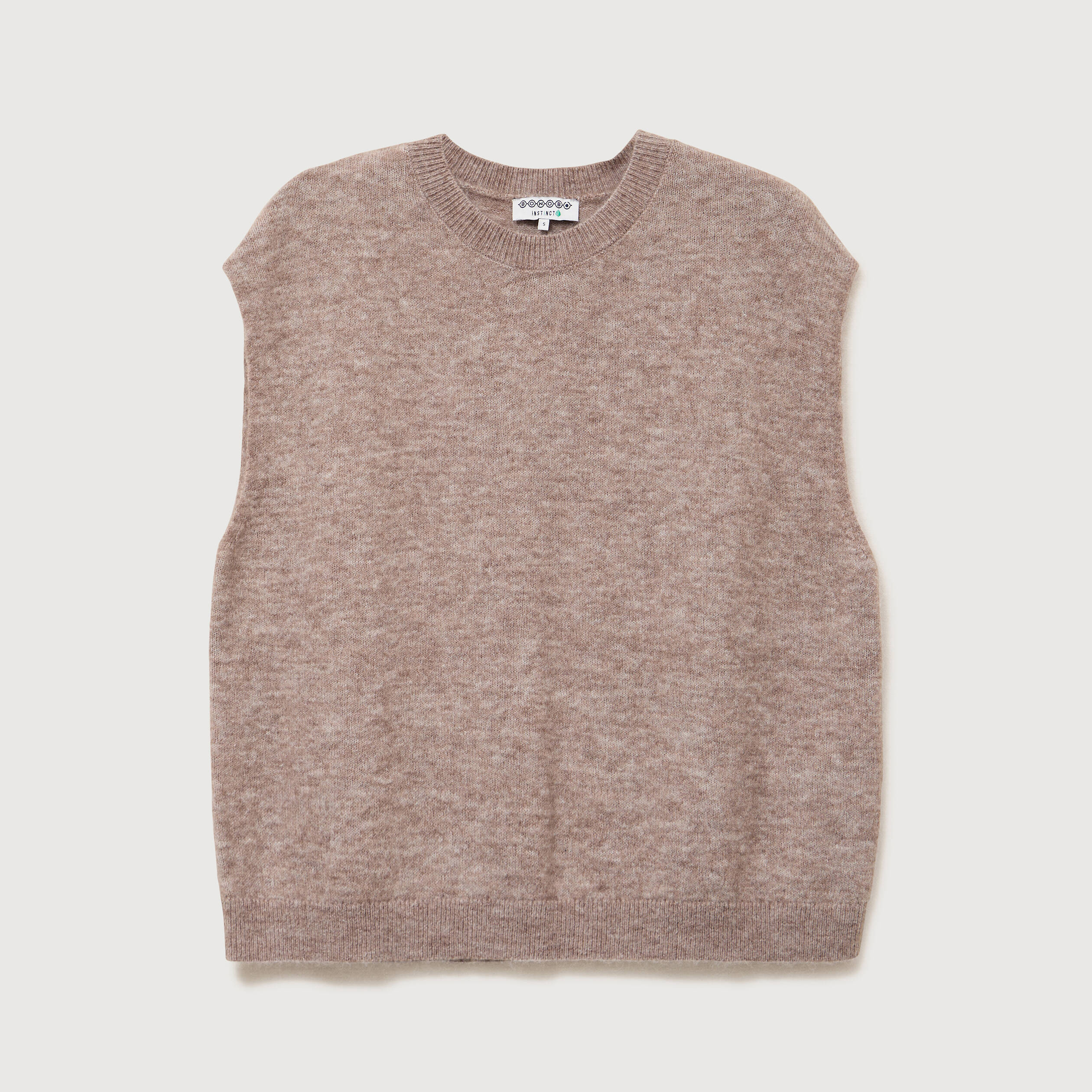 Pull droit court sans manches col rond marron clair femme