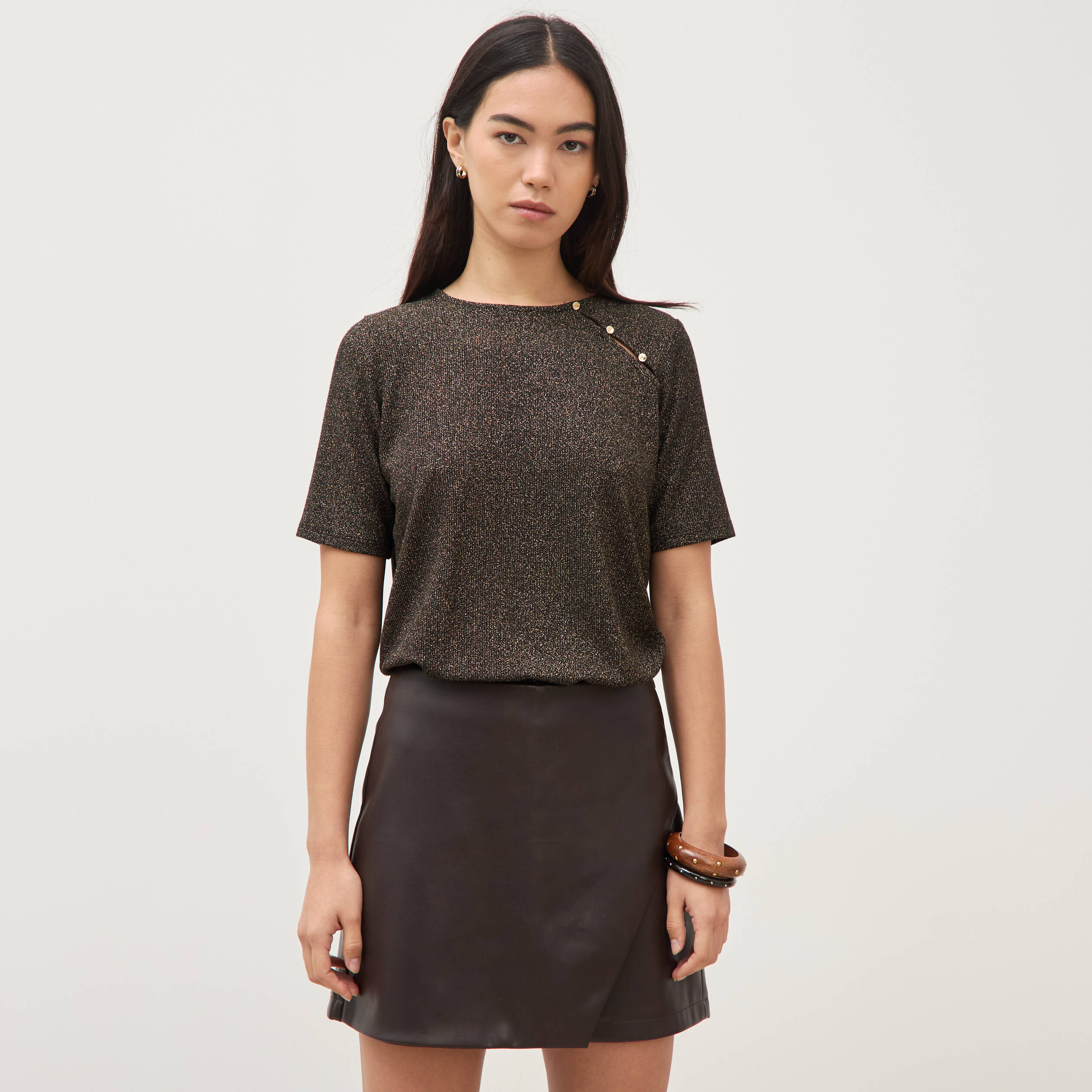 Jupe-short en similicuir doubl&eacute;e marron fonc&eacute; femme