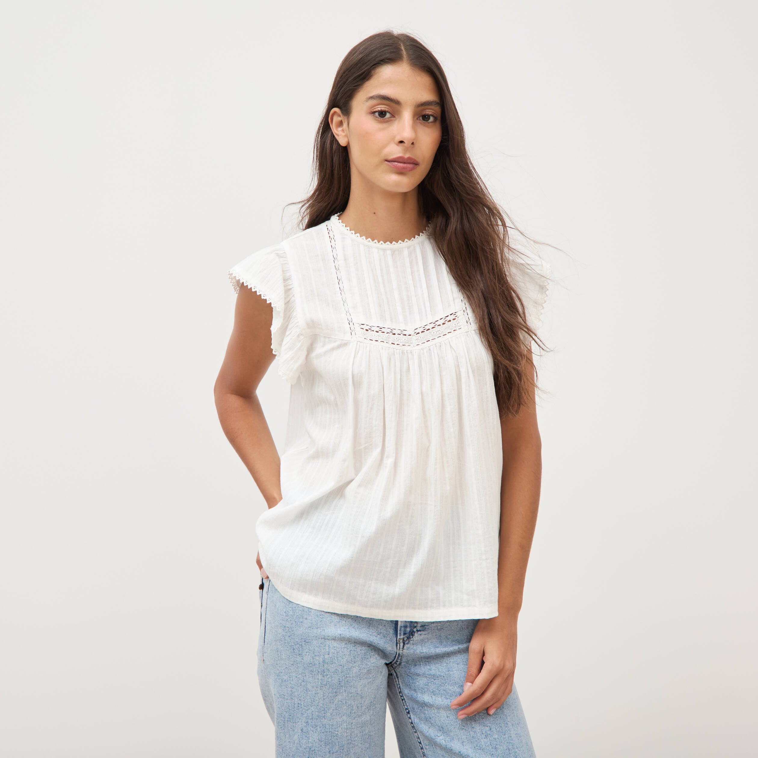 Top col rond manches courtes en coton ecru femme