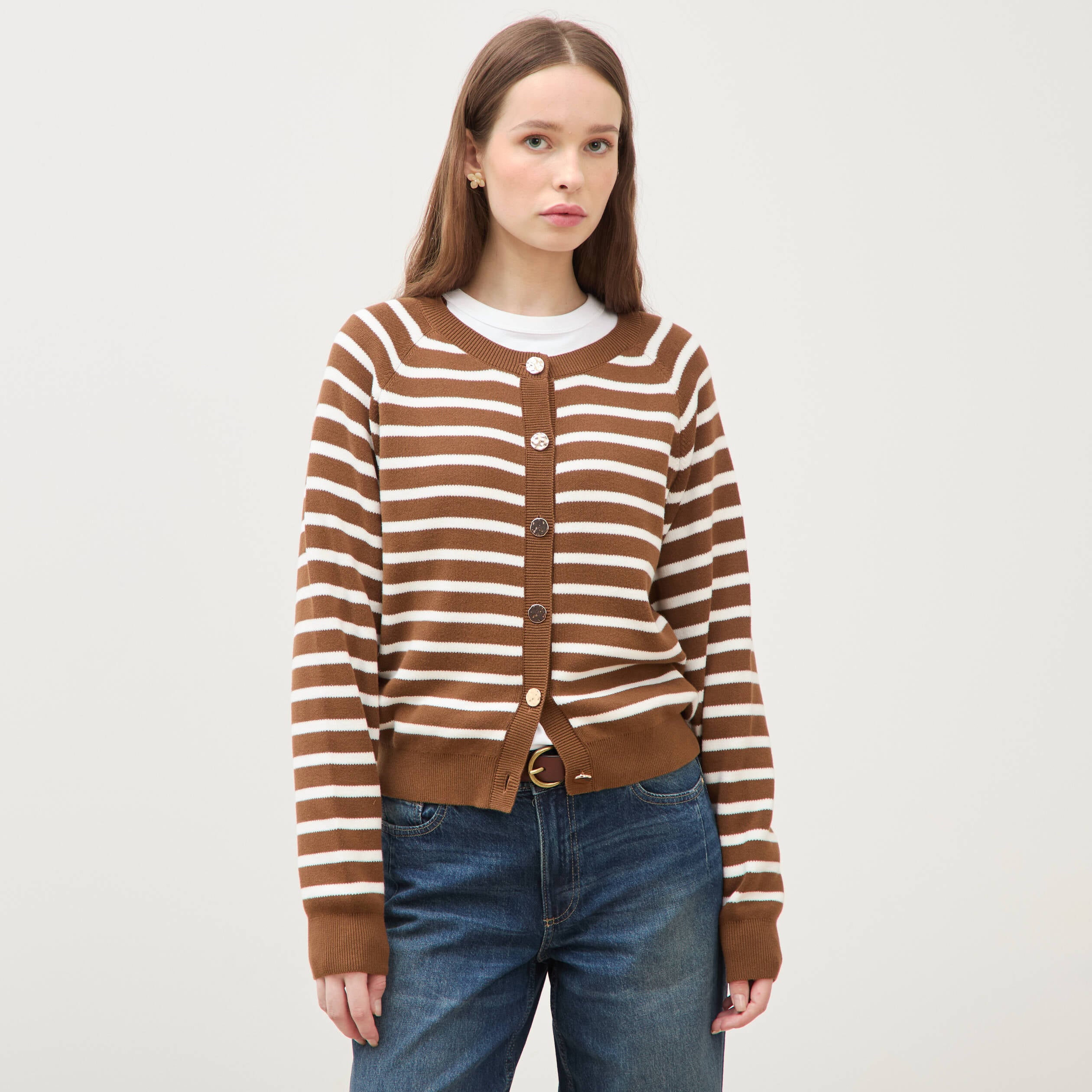 Gilet manches longues col rond en coton marron femme