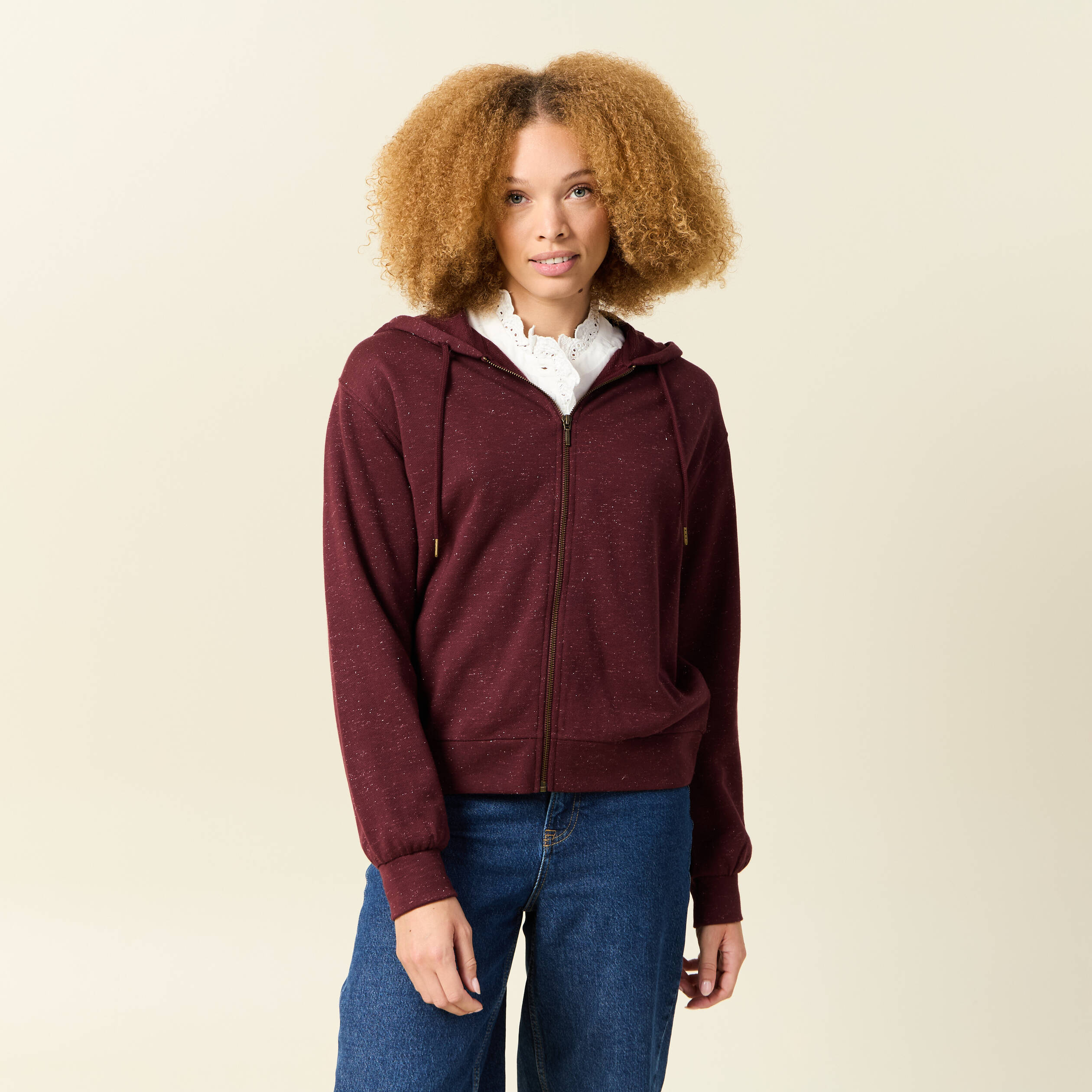 Sweat &agrave; capuche manches longues bordeaux femme