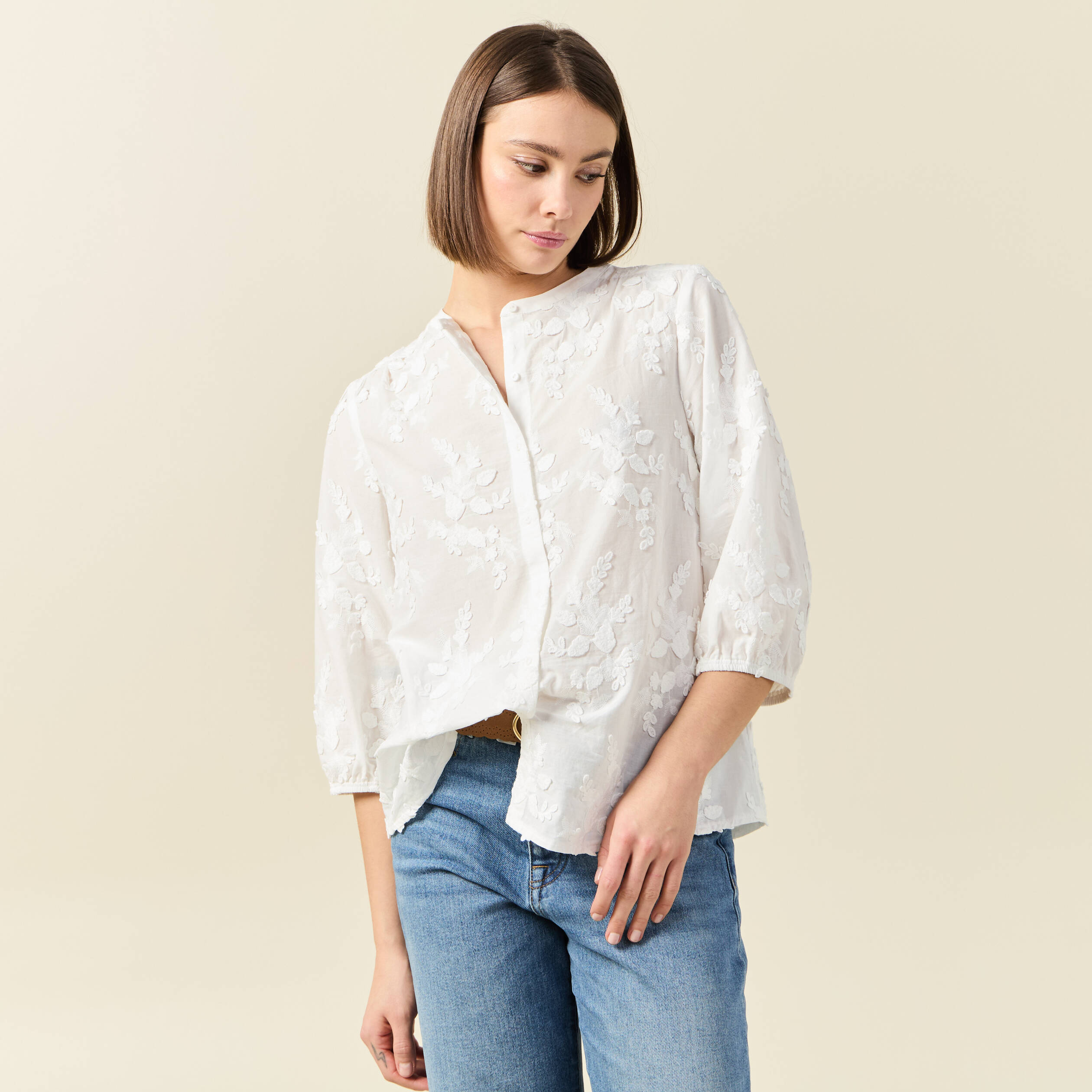 chemise manches 34 brodee ecru femme Chemise manches 3/4 brodée ecru femme