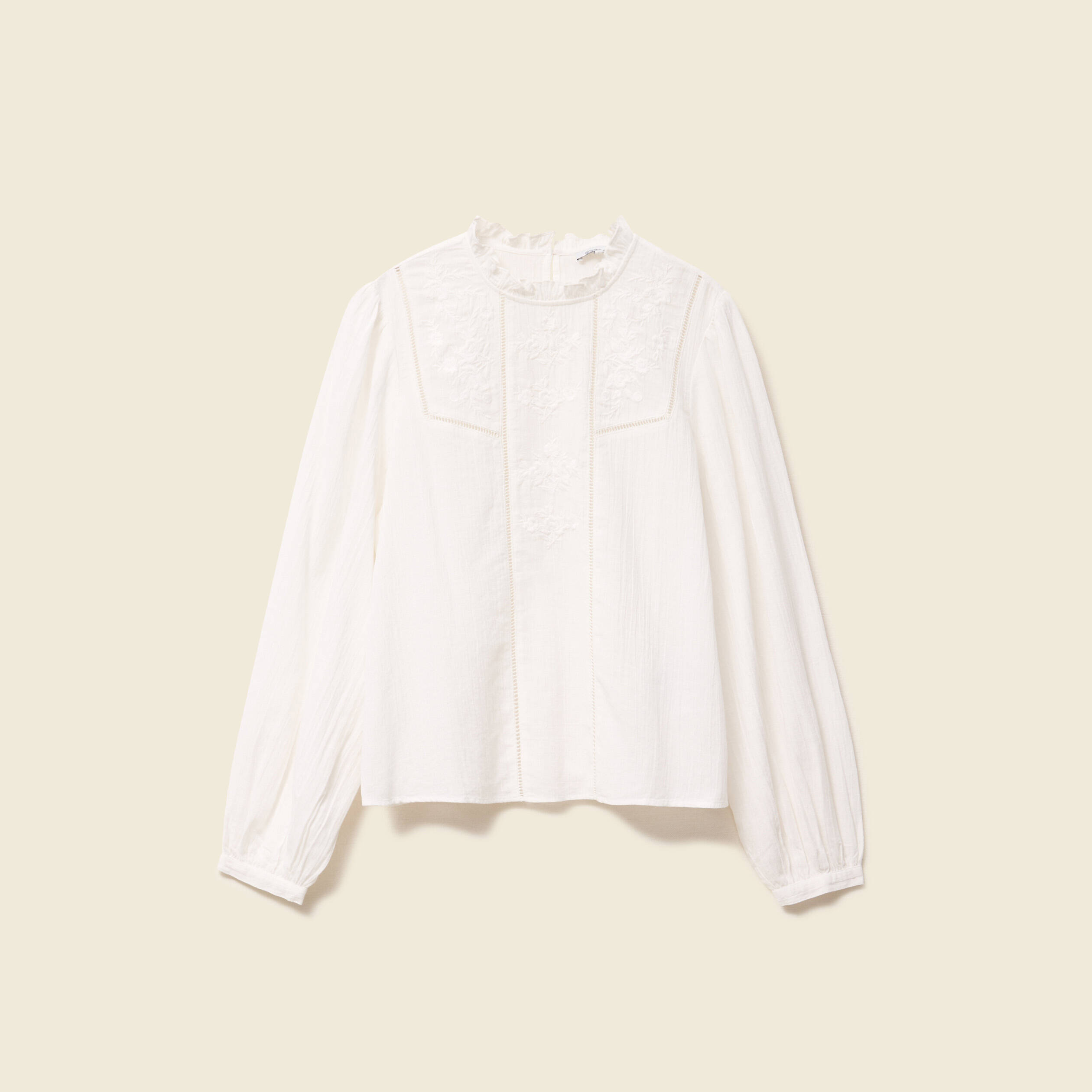 Chemise manches longues brod&eacute;e ecru femme