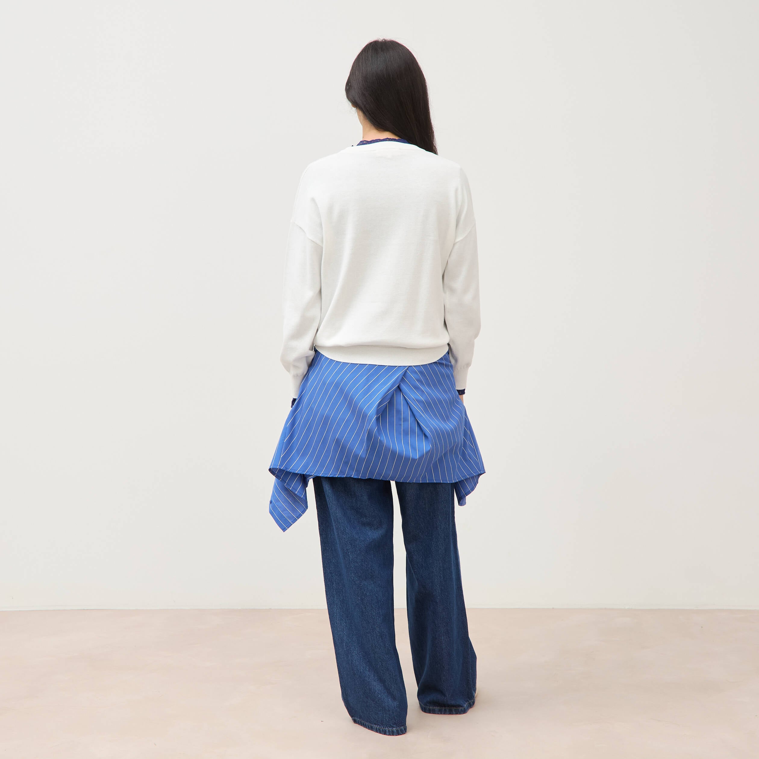 Pull oversize col rond manches longues ecru femme