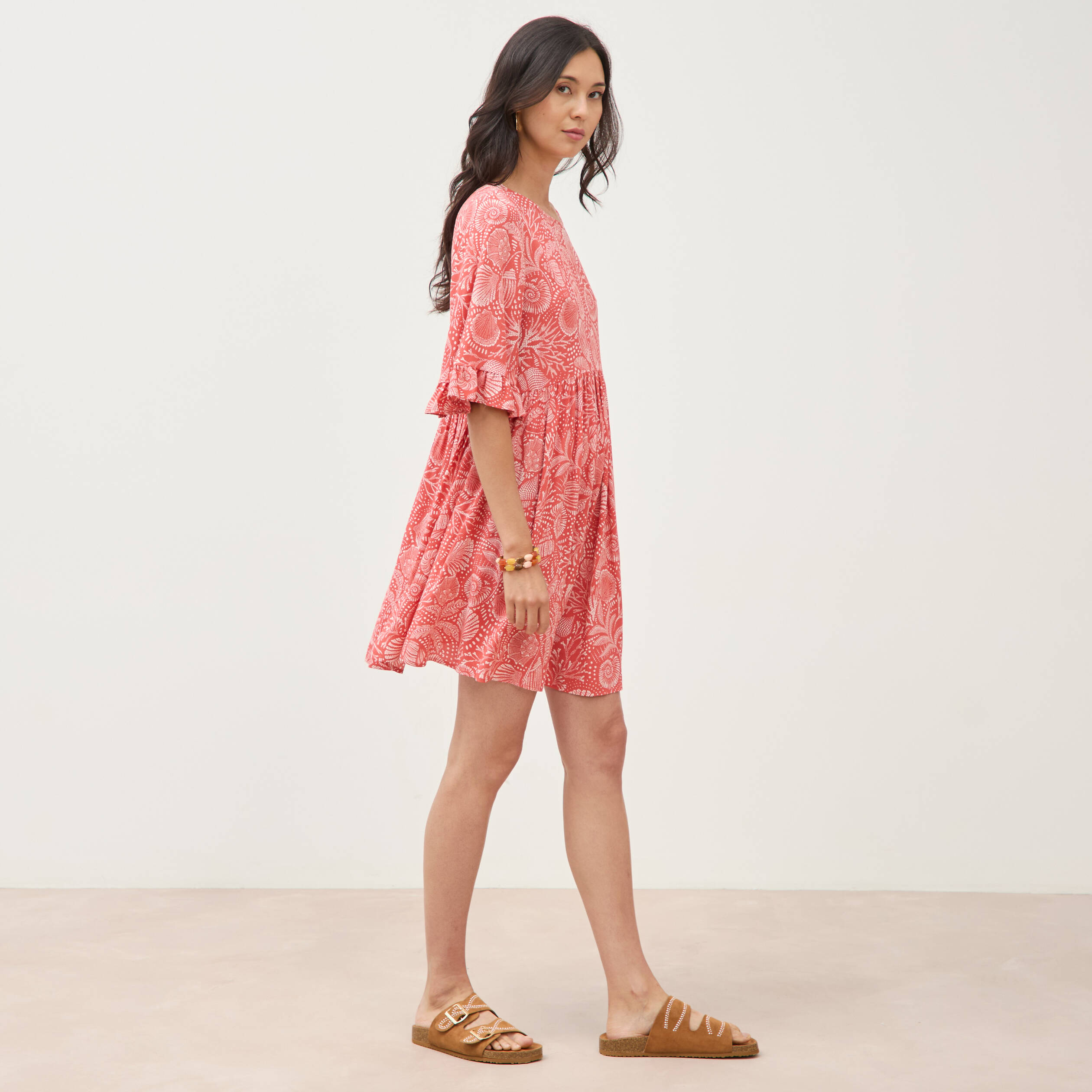 Robe fluide col rond manches coude orange corail femme