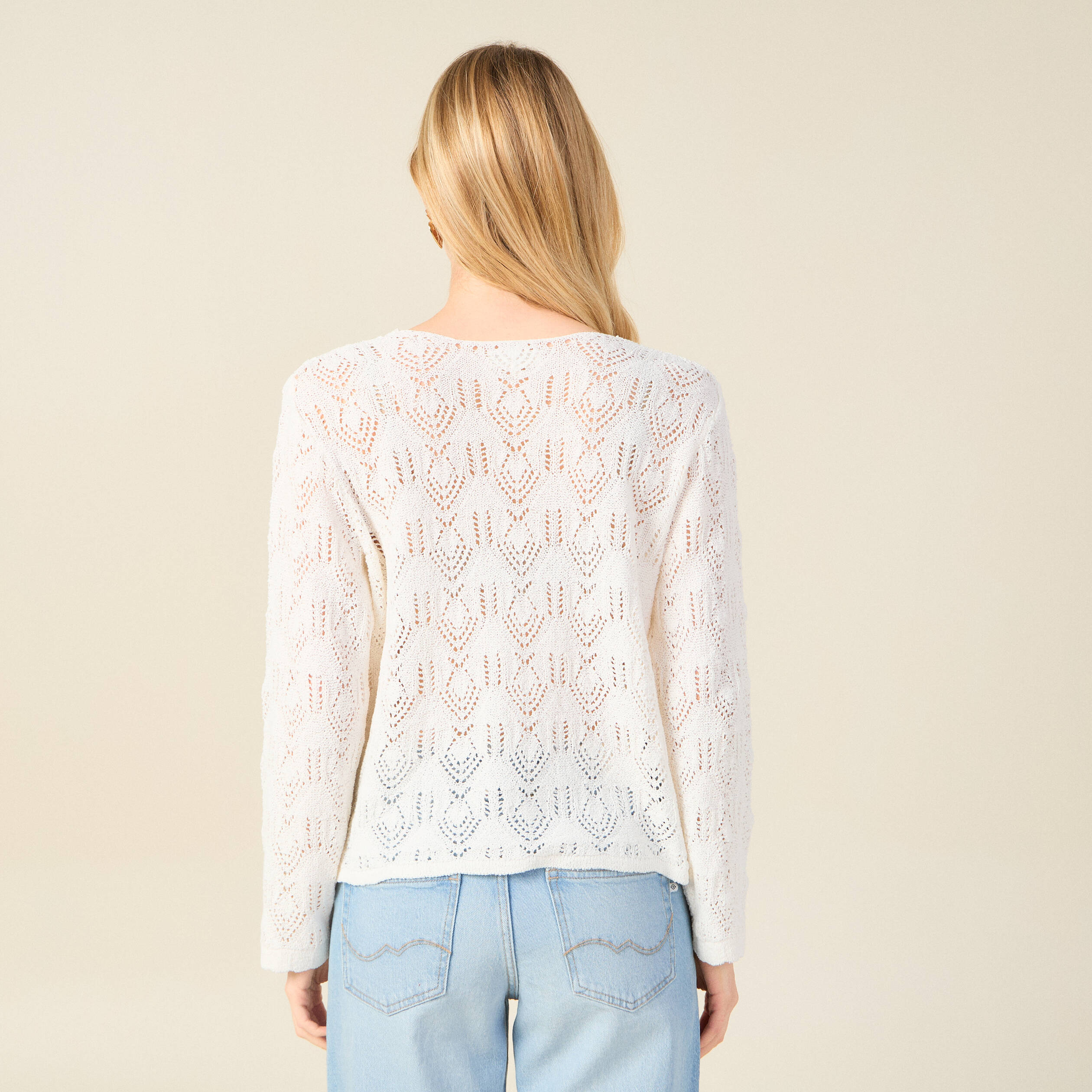 Pull ajour&eacute; col v manches longues ecru femme