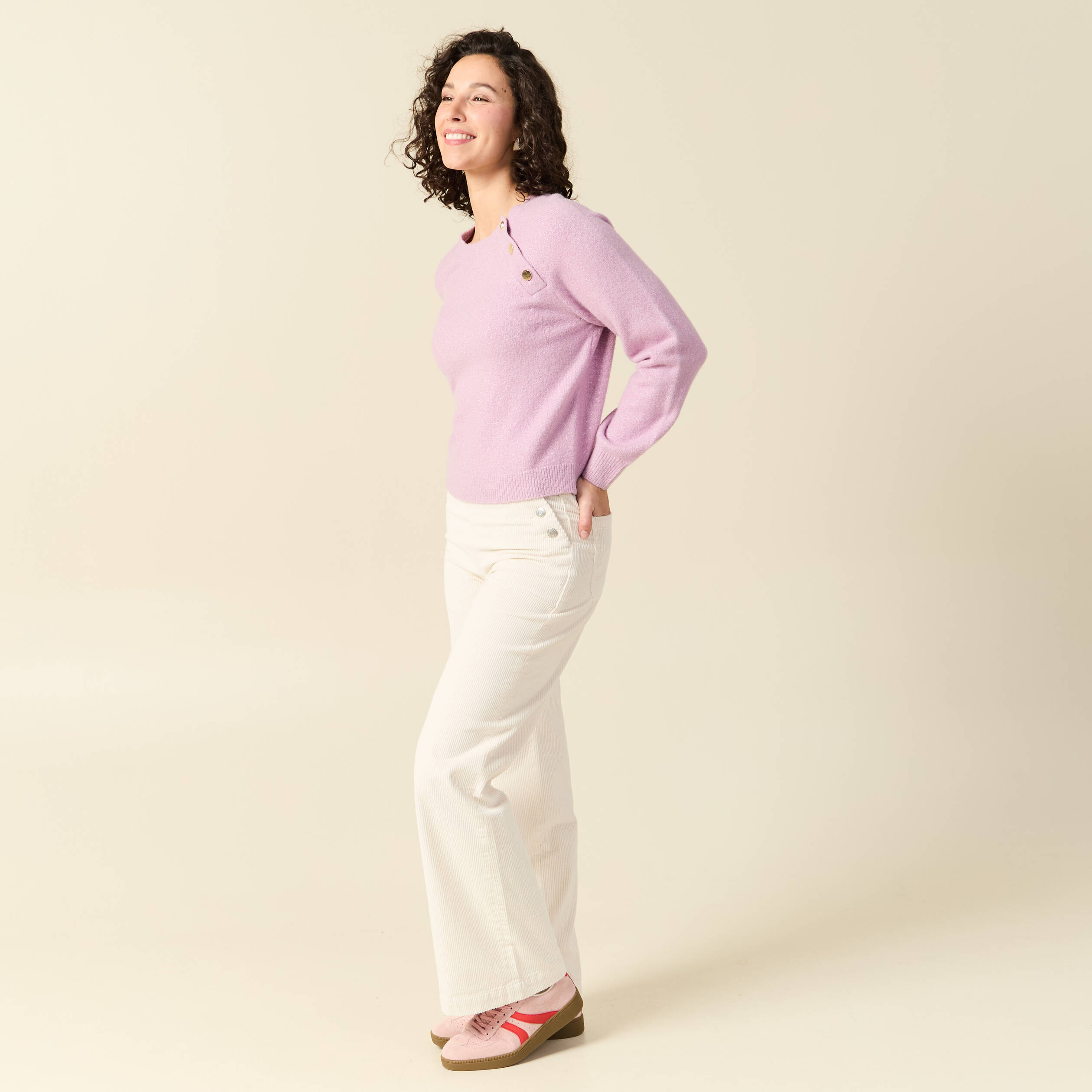 Pull manches longues col rond mauve femme