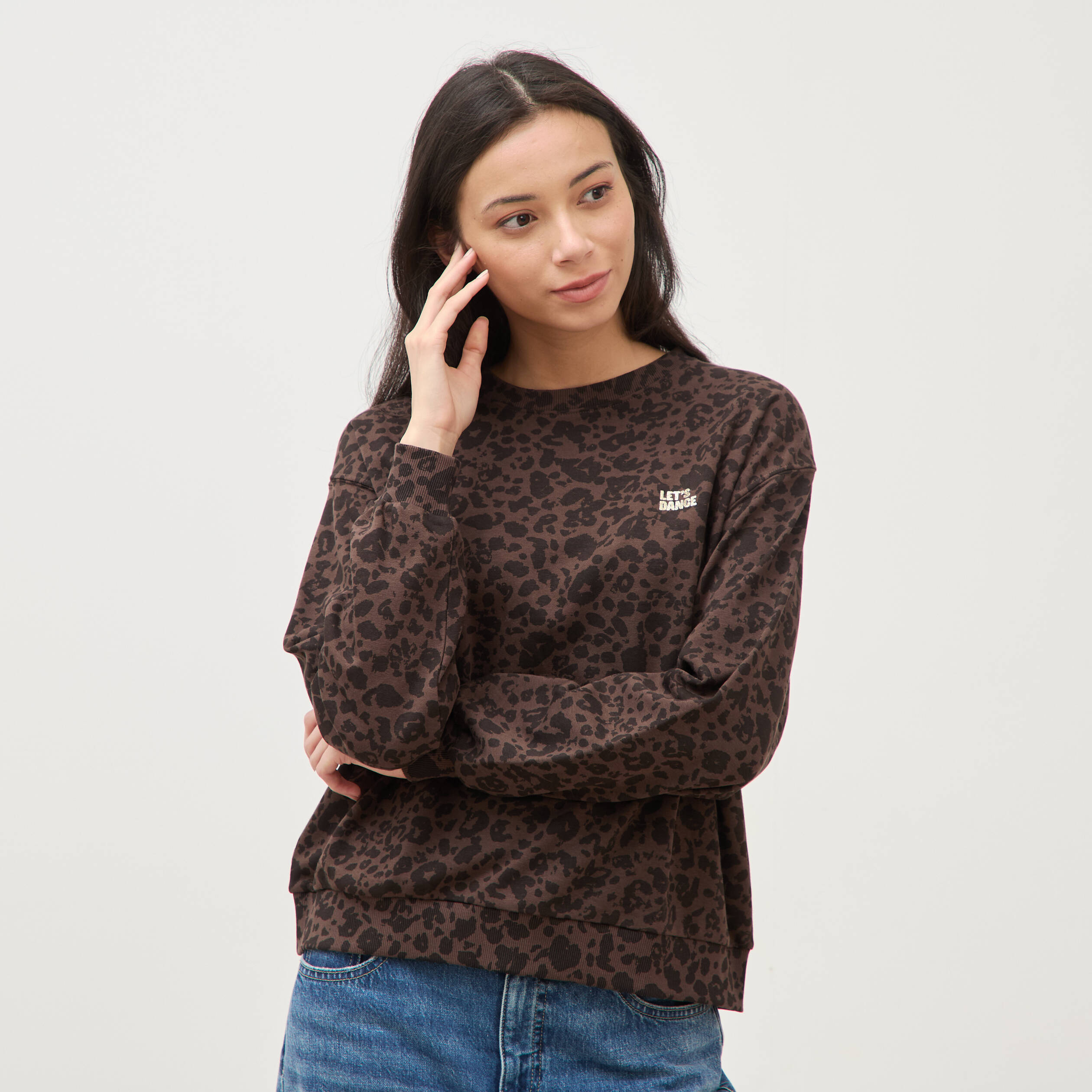 Sweat col rond manches longues marron chocolat femme