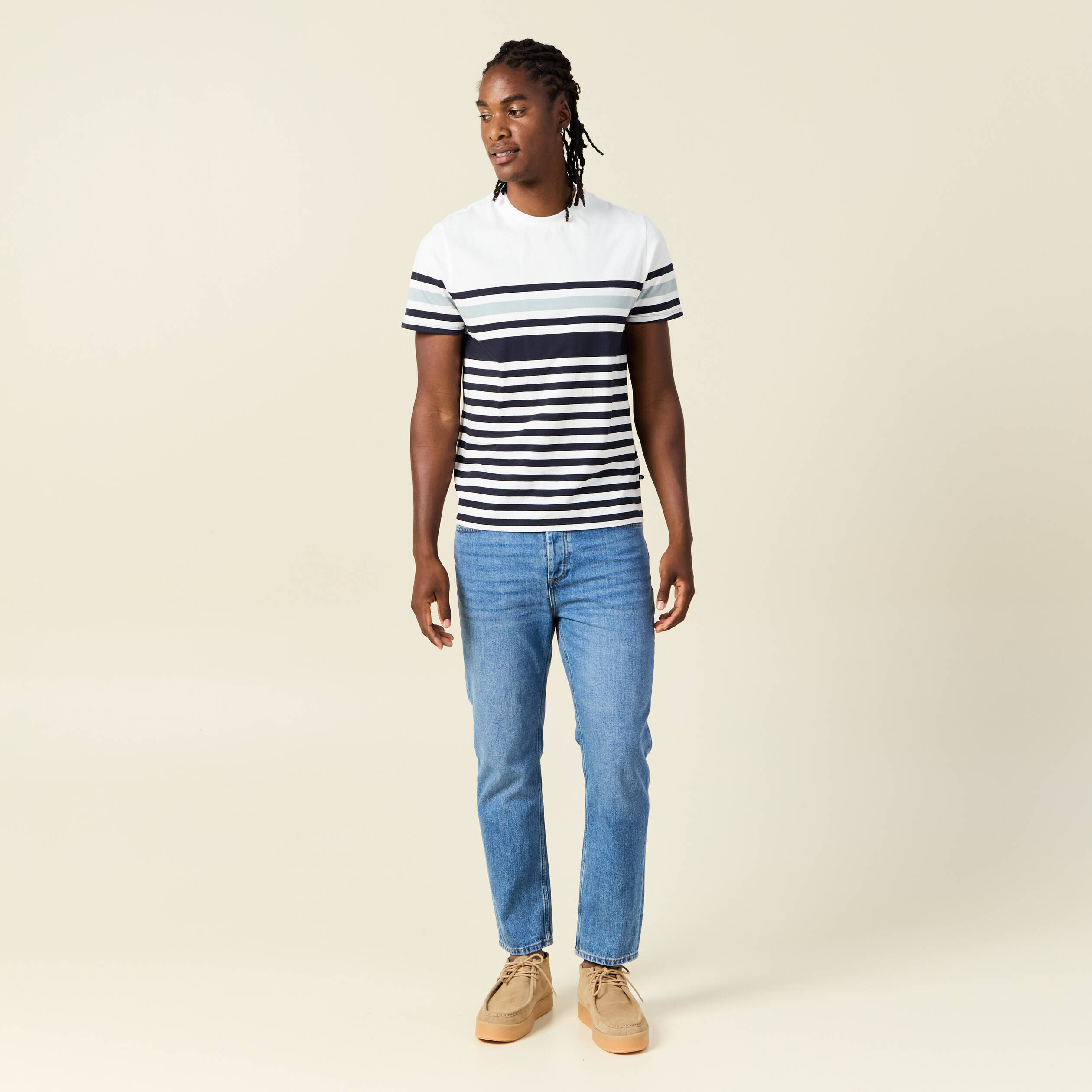 T-shirt ray&eacute; col rond manches courtes bleu marine homme