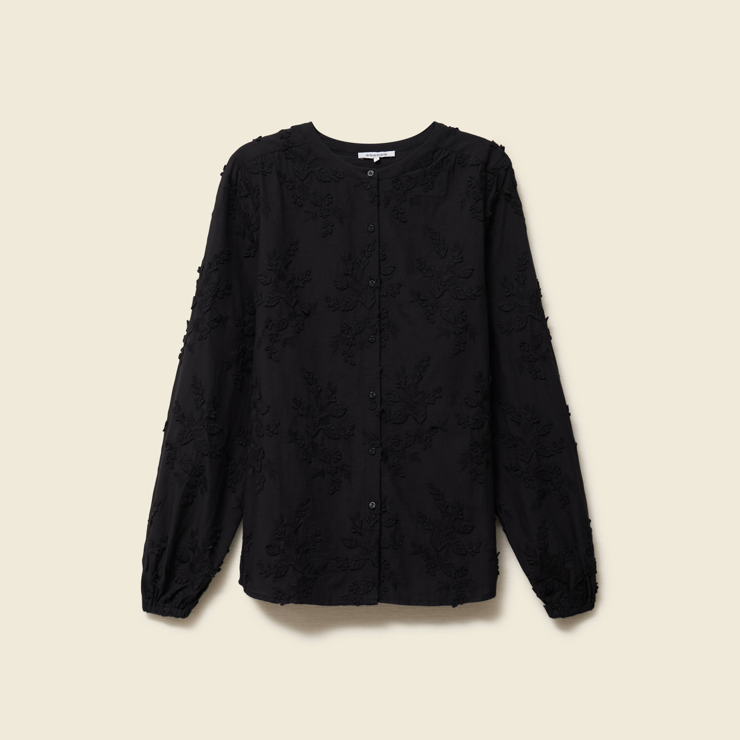 Chemise col rond manches longues brod&eacute;e noir femme
