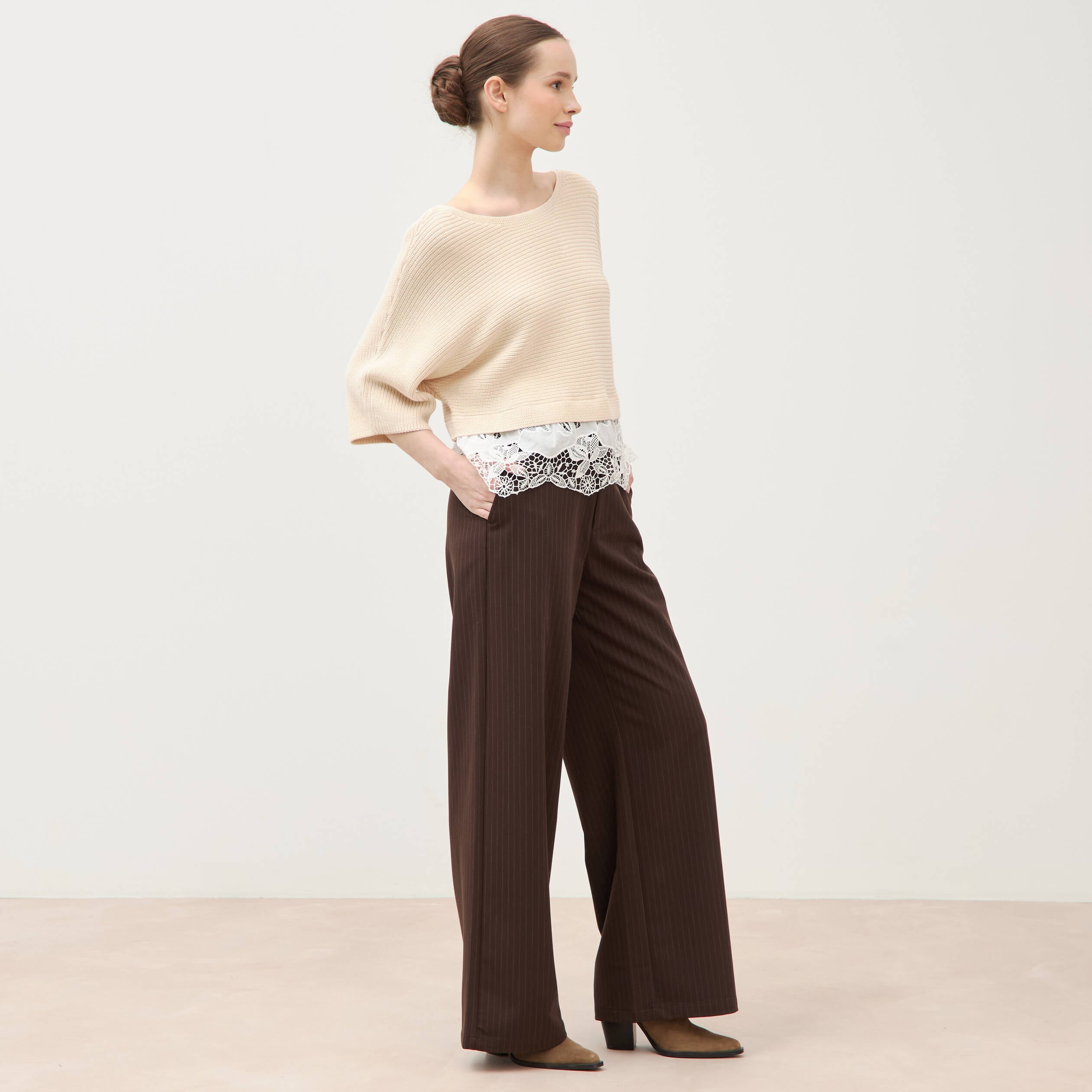 Pull col bateau manches courtes ivoire femme