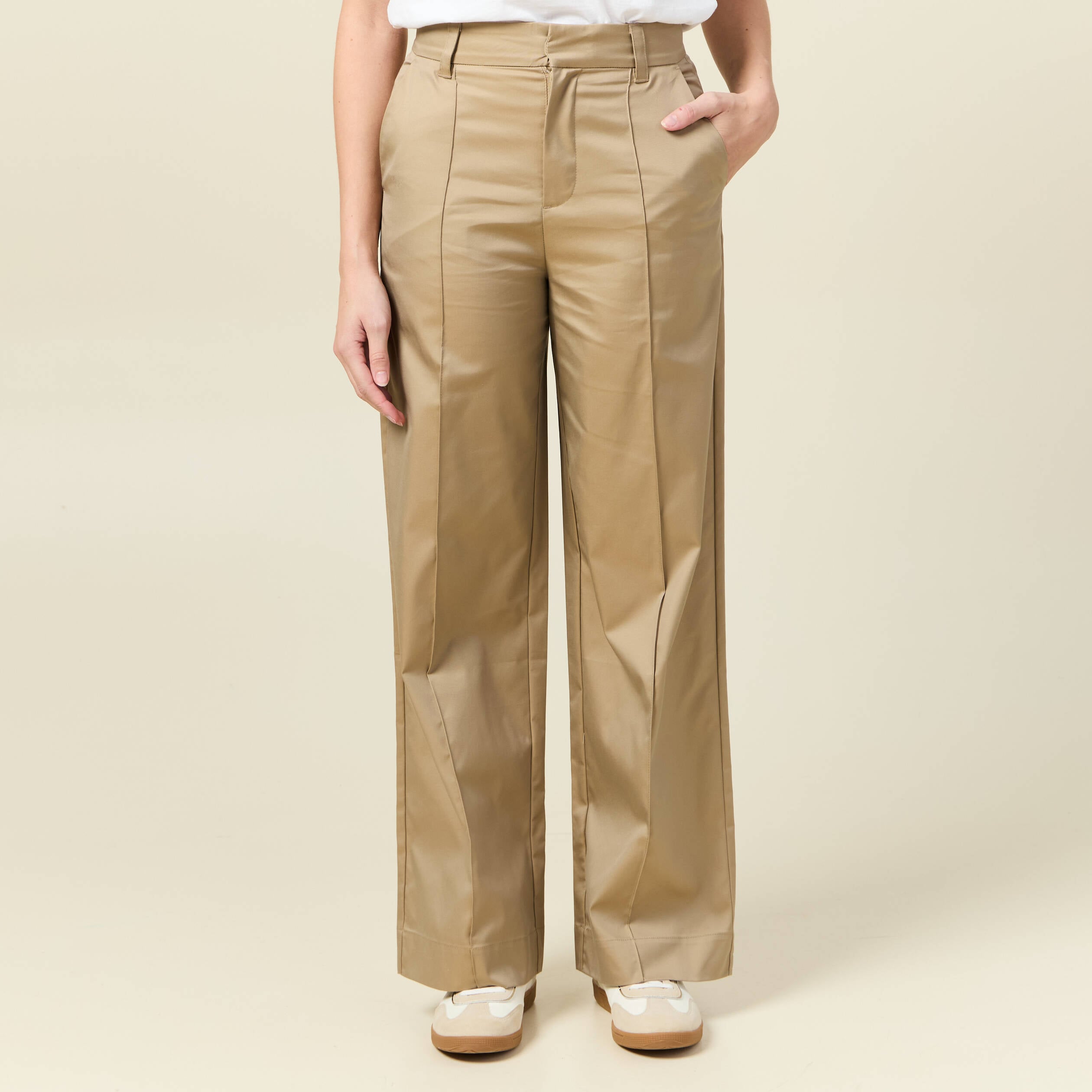 Pantalon large taille haute beige femme