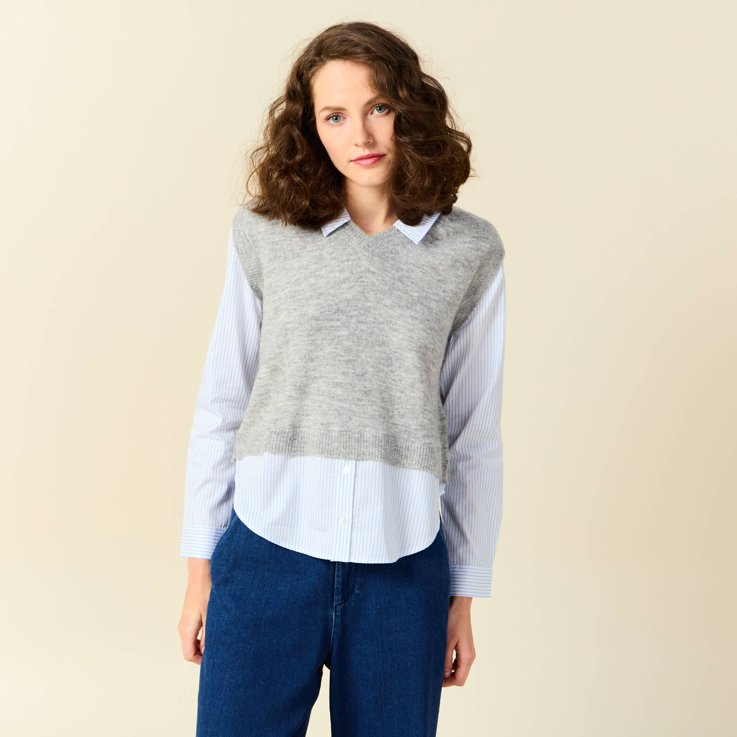 pull 2 en 1 eco responsable gris femme Pull 2-en-1 éco-responsable gris femme