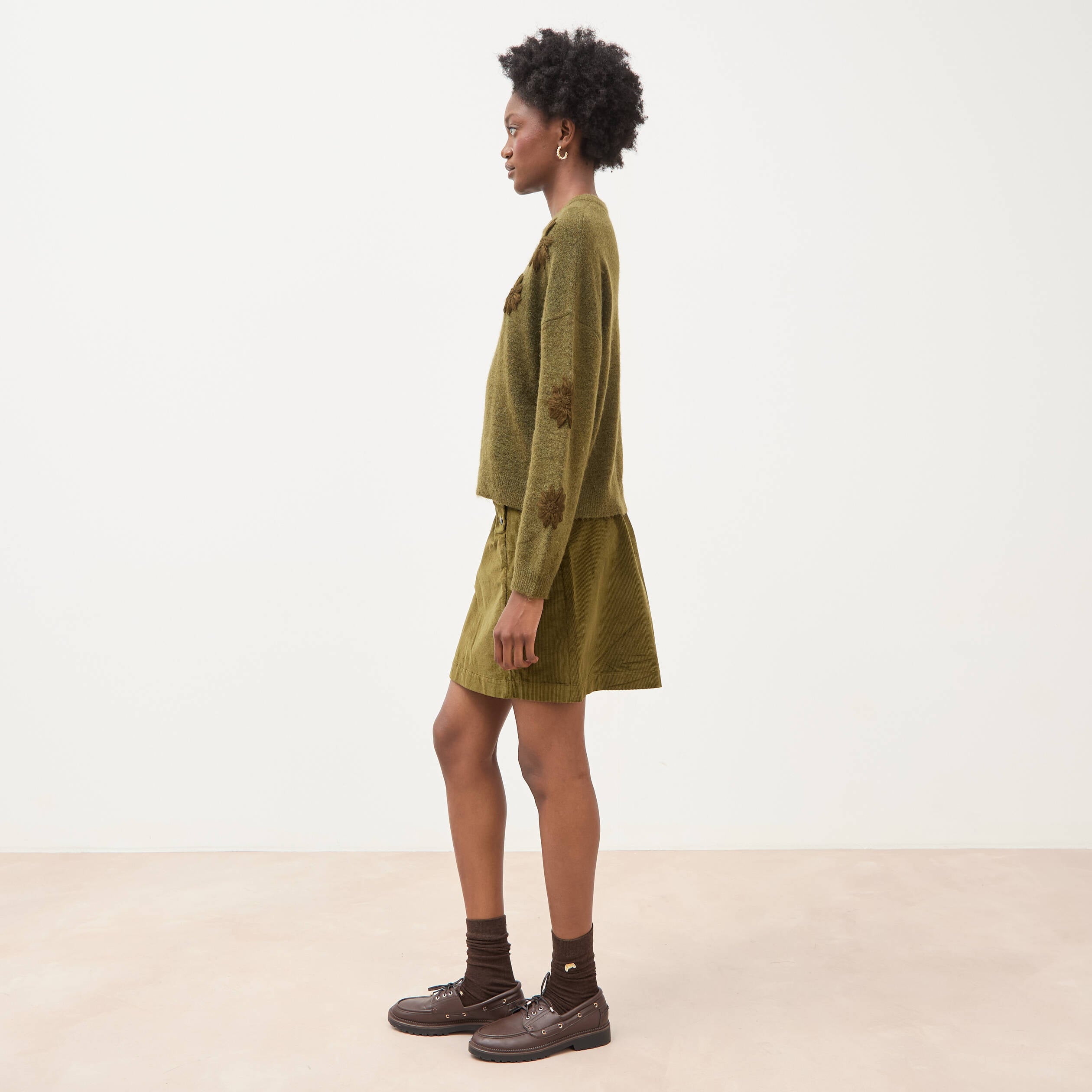 Pull manches longues col rond vert olive femme