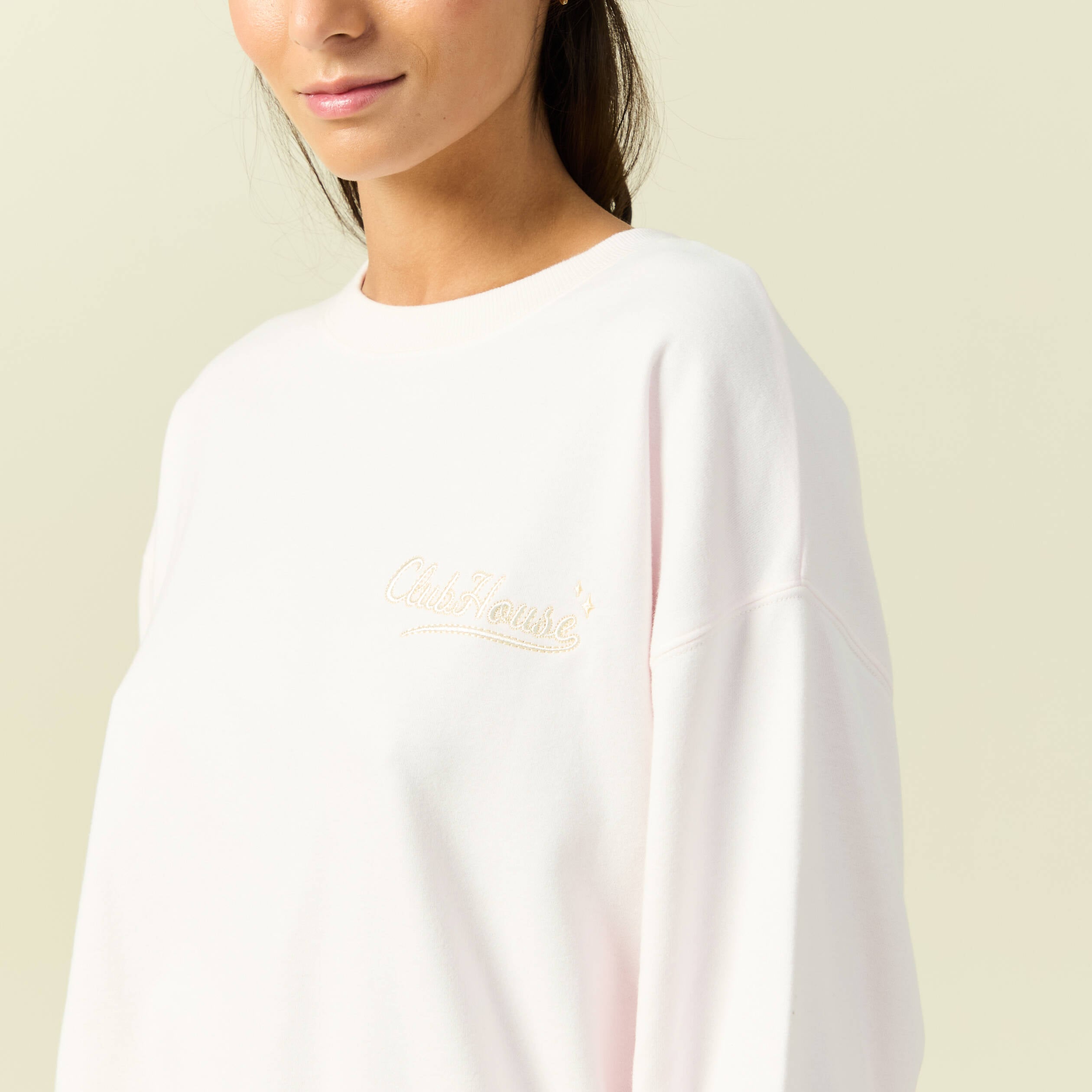 Sweat oversize manches longues brod&eacute; rose poudr&eacute;e femme