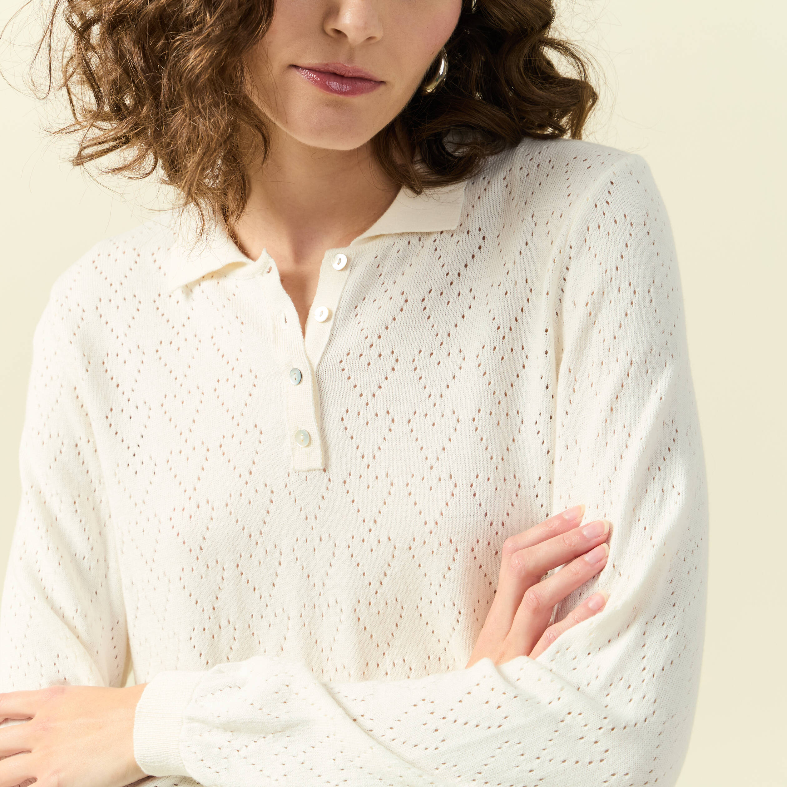 Pull ajouré manches longues en coton ecru femme
