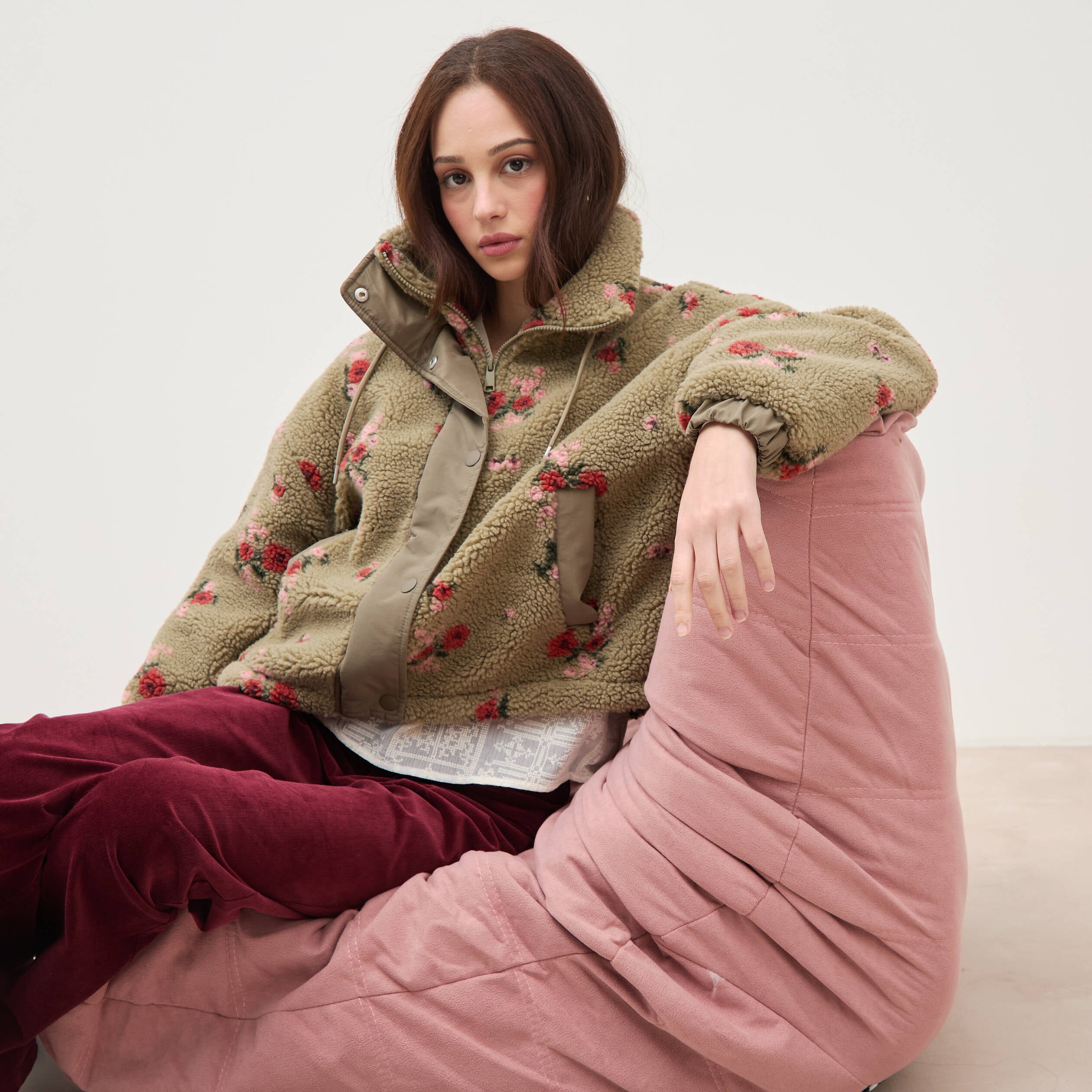 Blouson oversize sherpa col montant vert femme