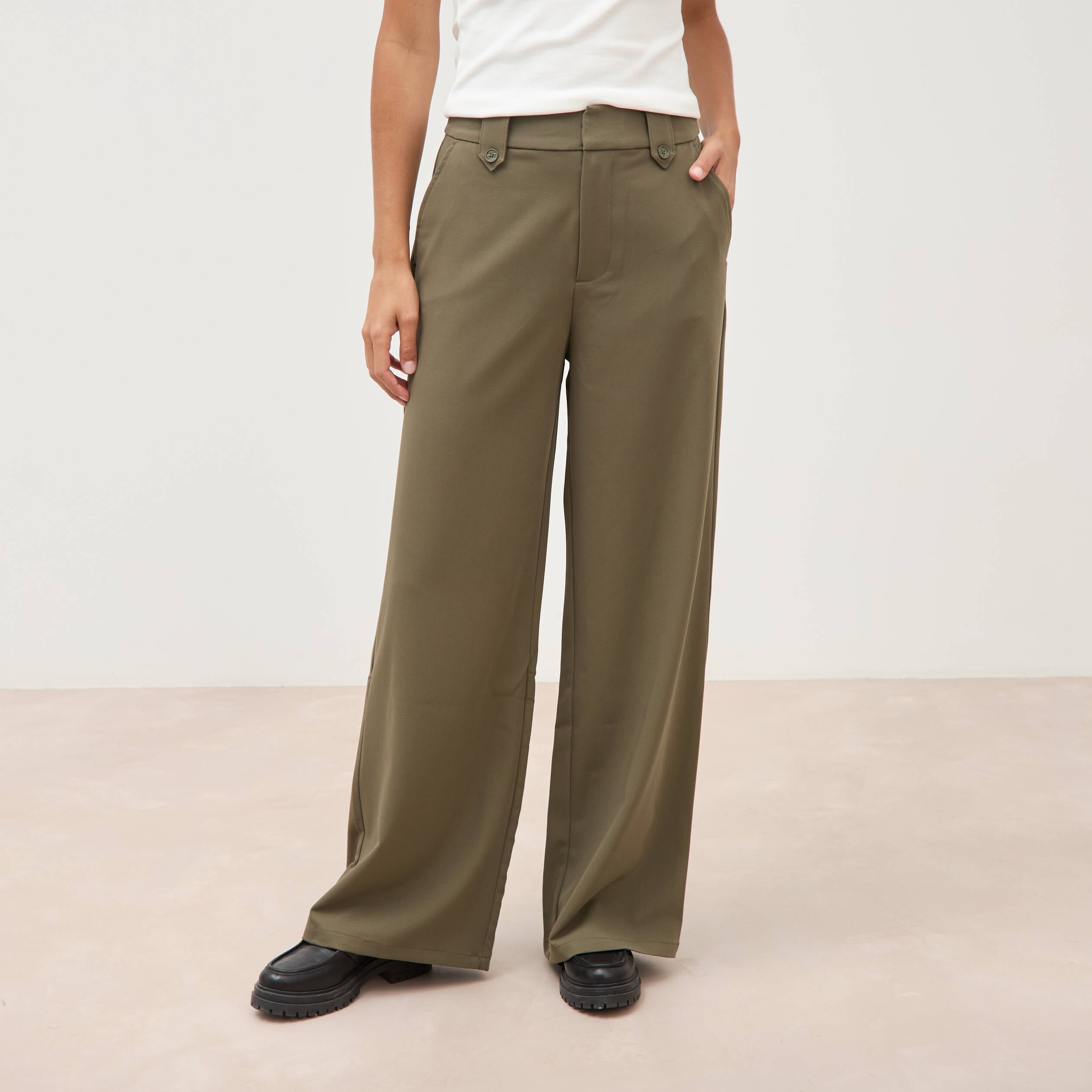 Pantalon large taille haute fluide camel femme