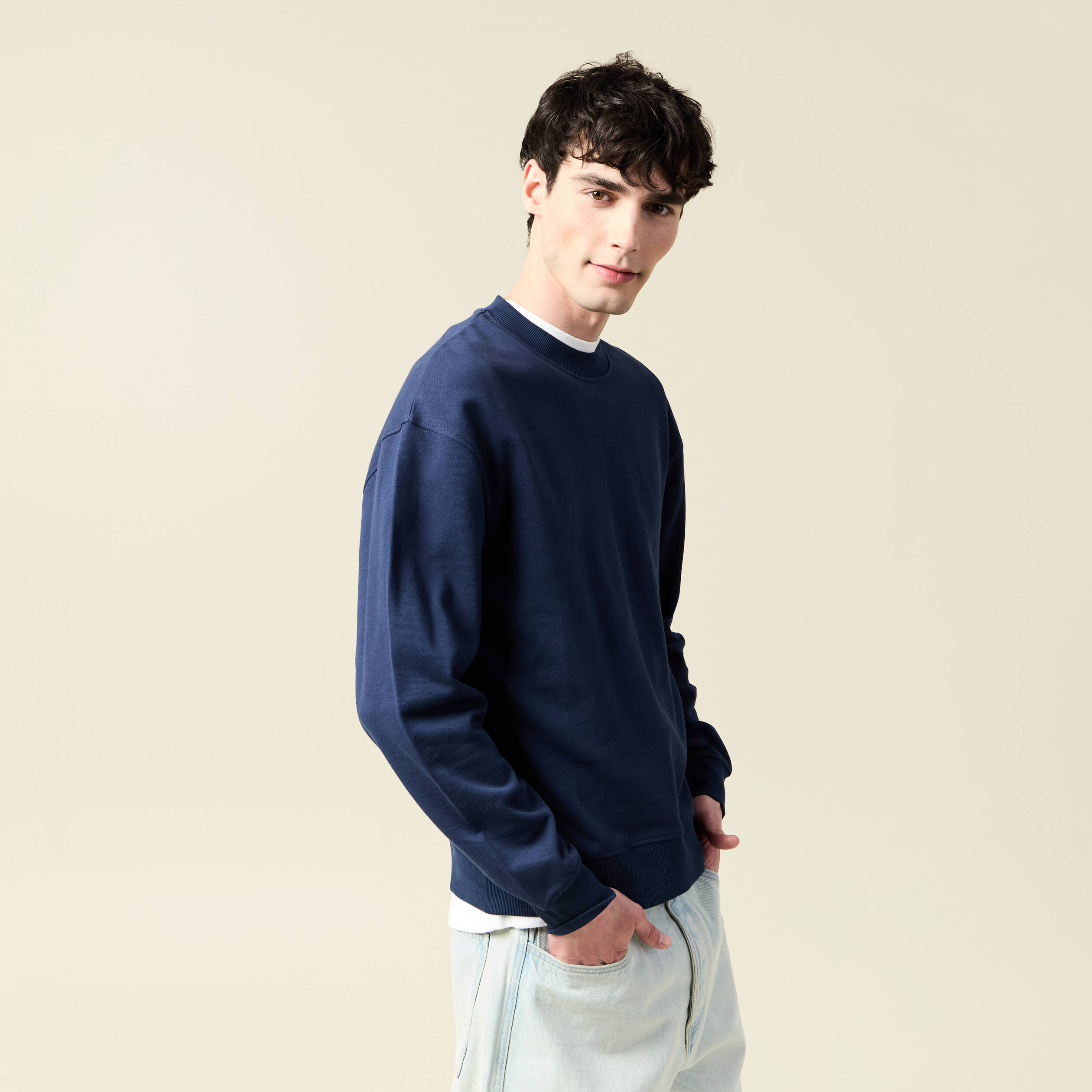 Sweat col rond manches longues en coton bleu marine homme