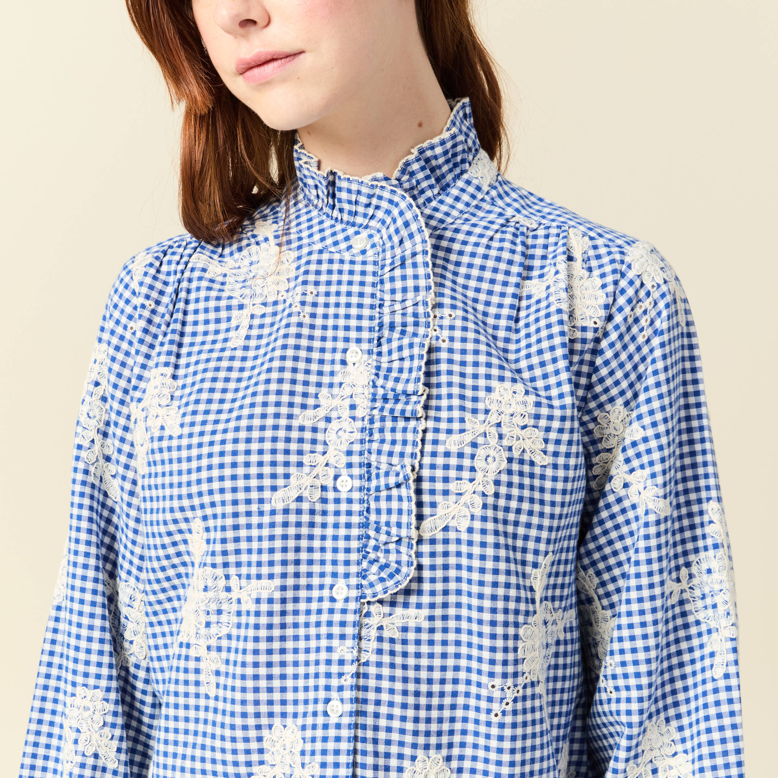Chemise vichy manches longues en coton bleu marine femme
