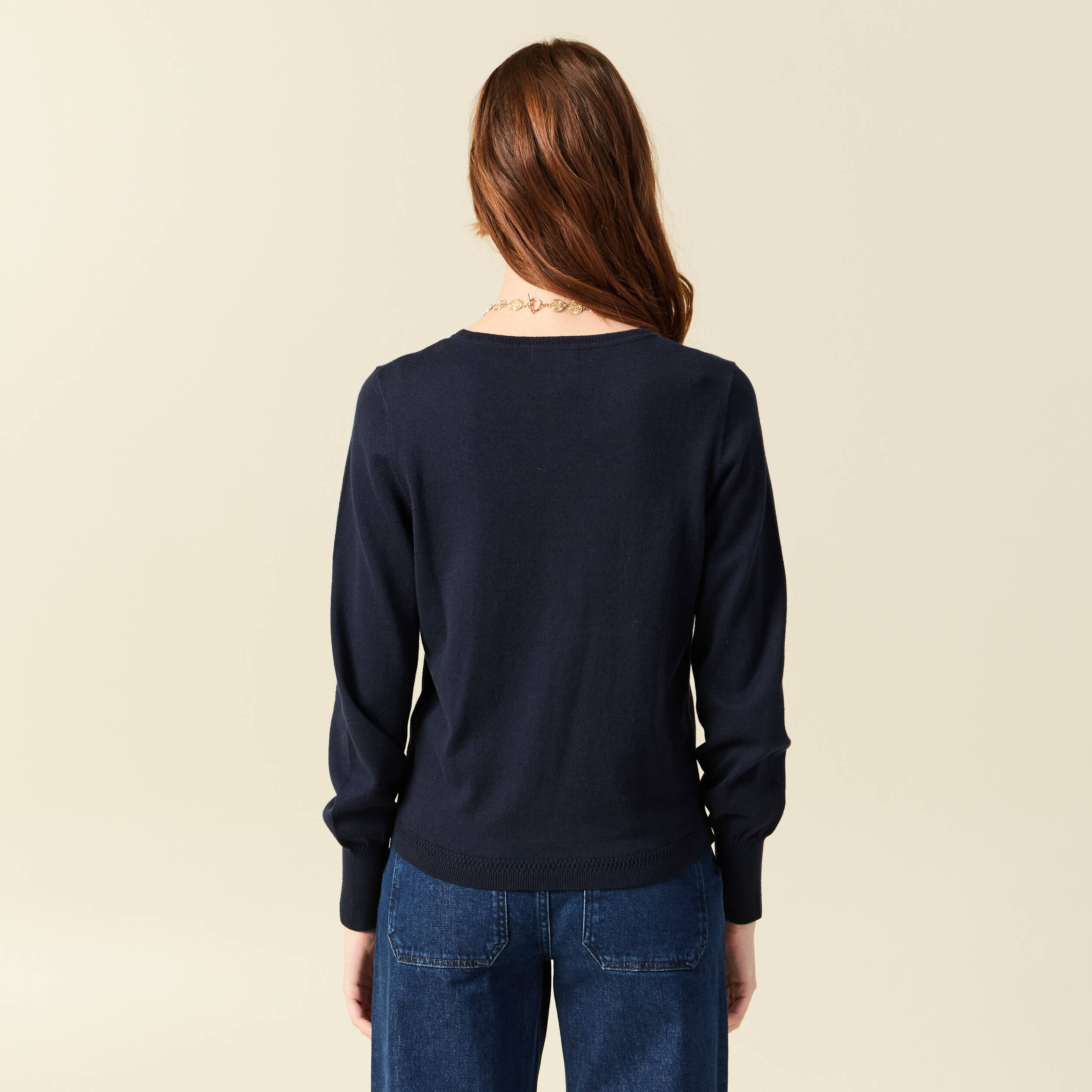 Pull en coton bleu marine uni en maille texturée et bords côtes DEELUXE