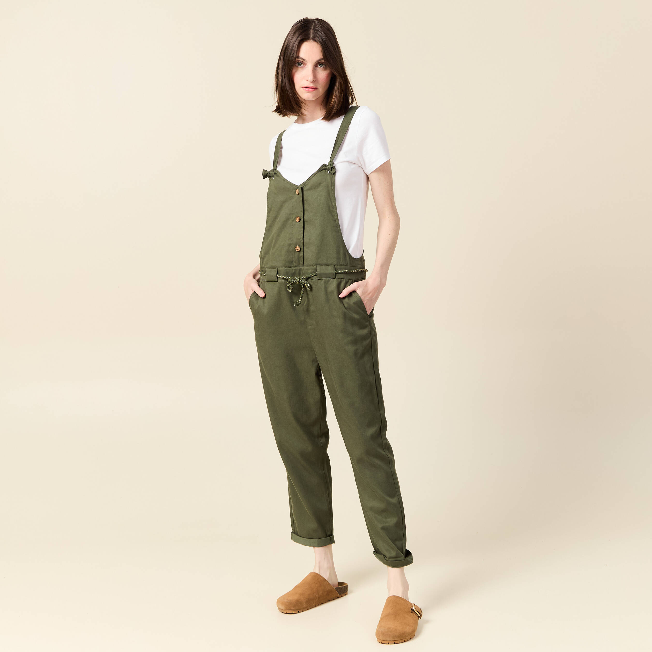 Salopette fluide boutonn&eacute;e vert fonc&eacute; femme