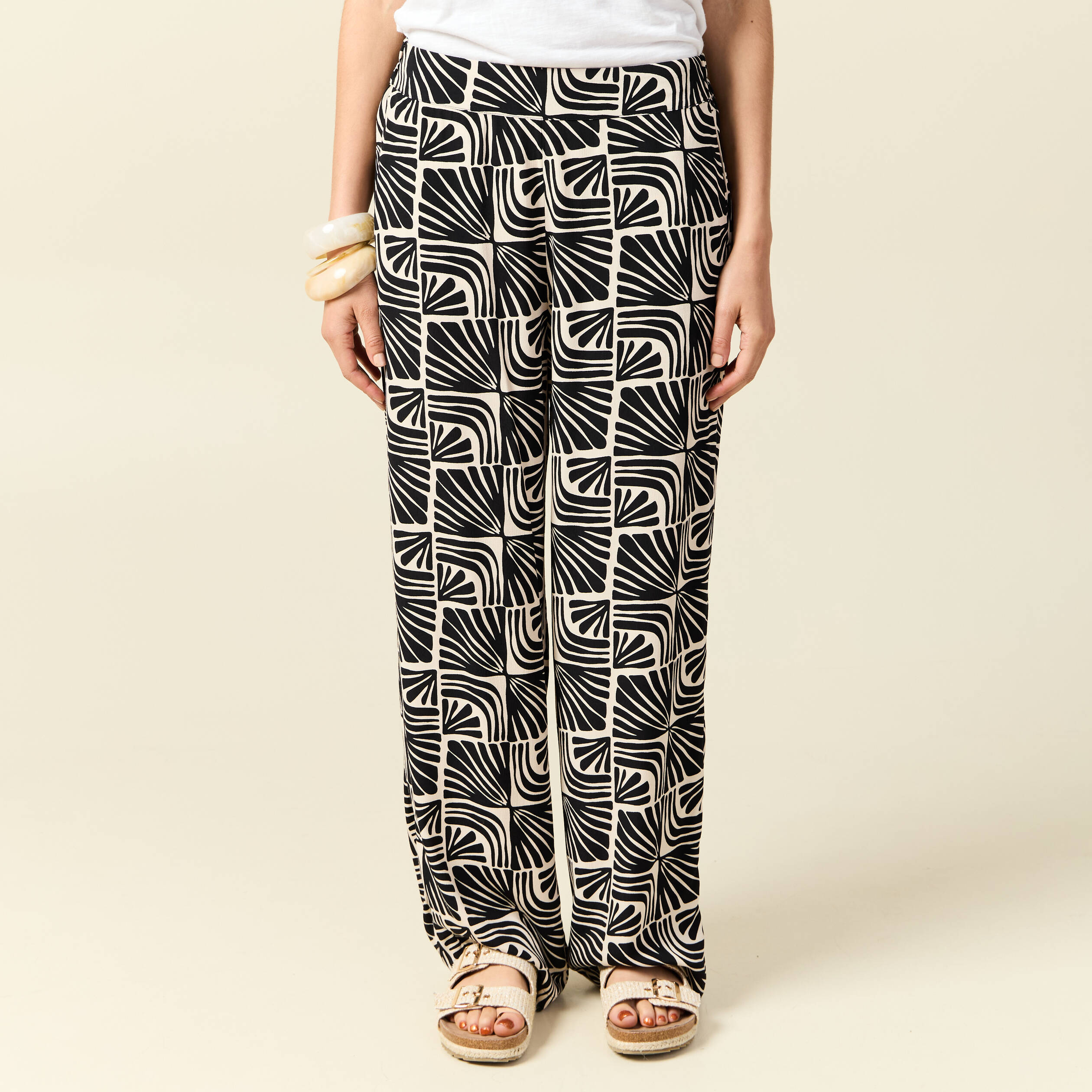 pantalon large taille haute fluide creme femme Pantalon large taille haute fluide creme femme