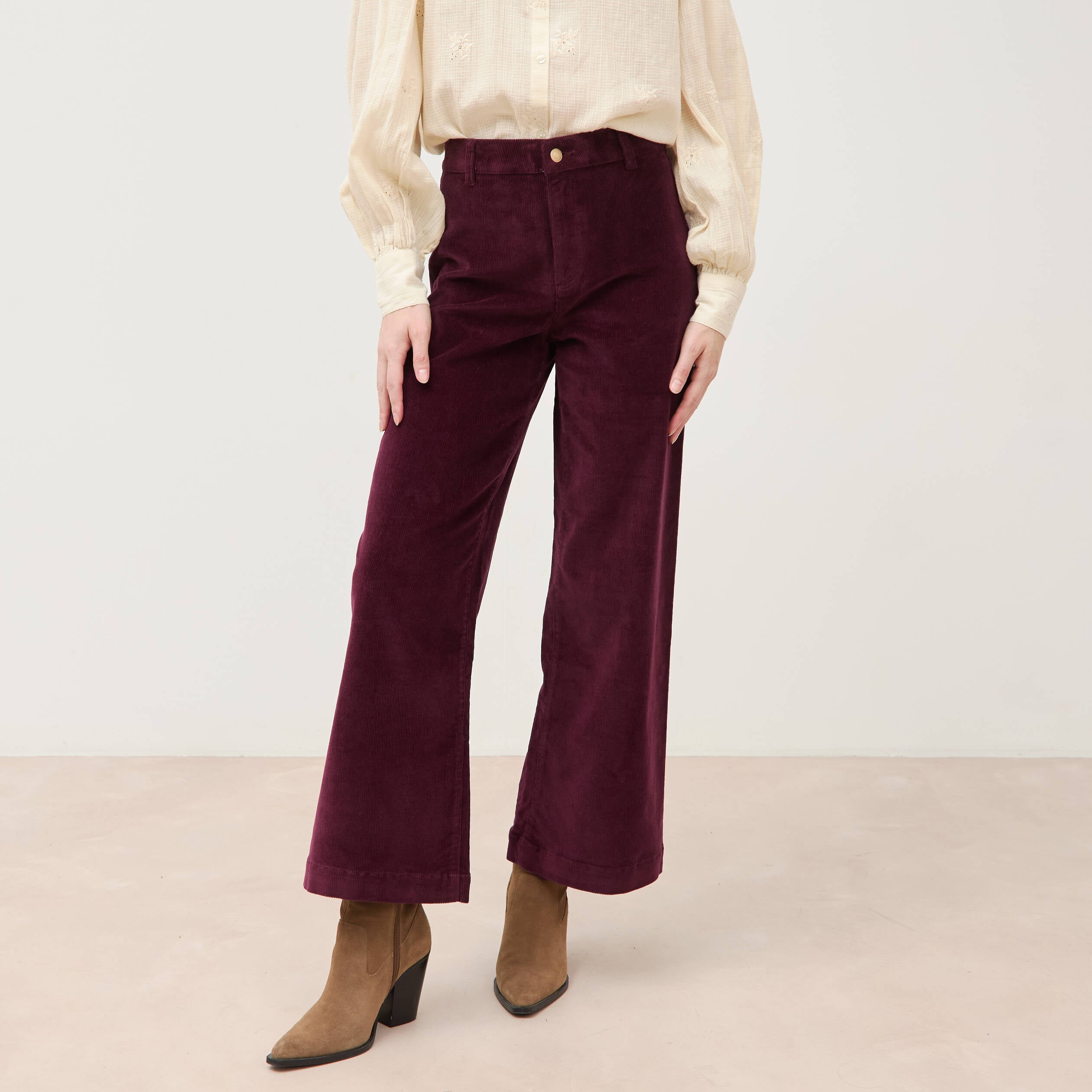Pantalon large taille haute en velours prune femme