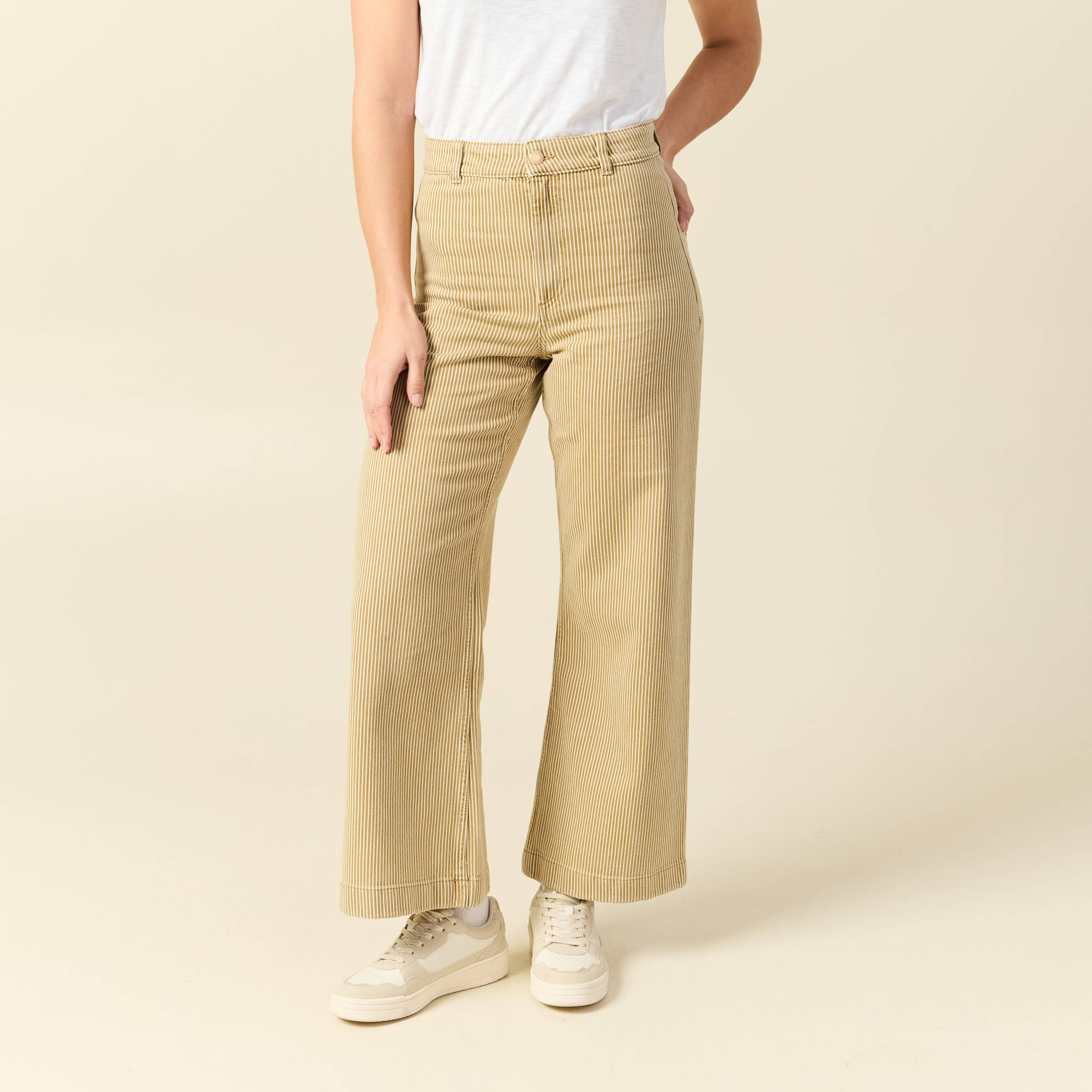 Jeans large ray&eacute; taille haute 7/8&egrave;me beige femme