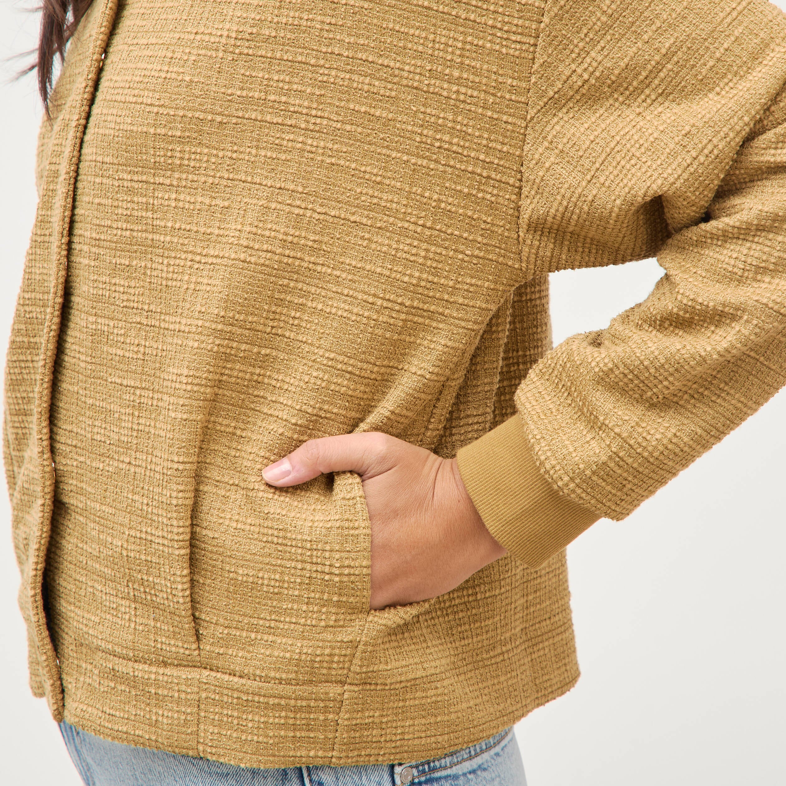 Veste droite manches longues tweed camel femme
