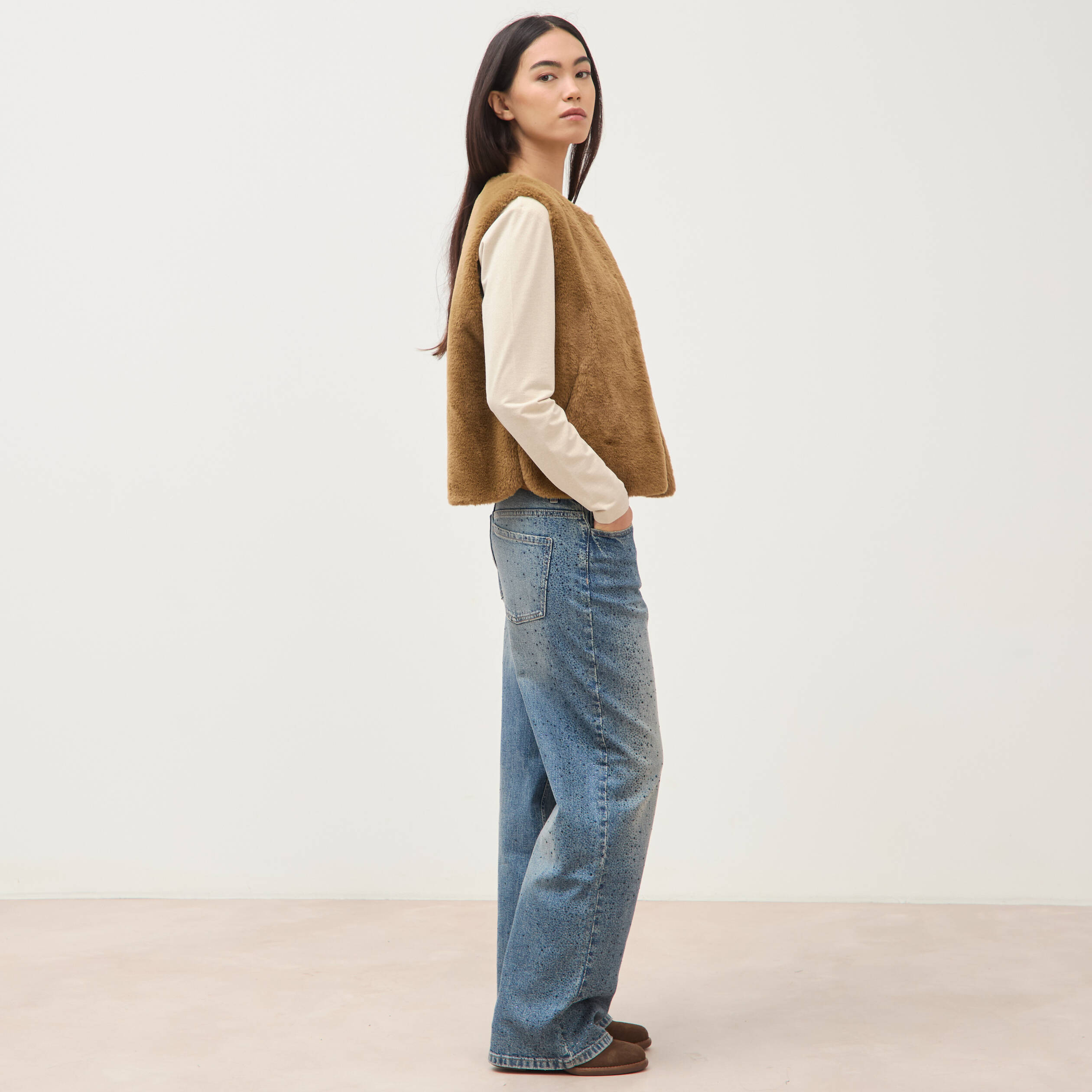 Gilet sans manches doubl&eacute; camel femme