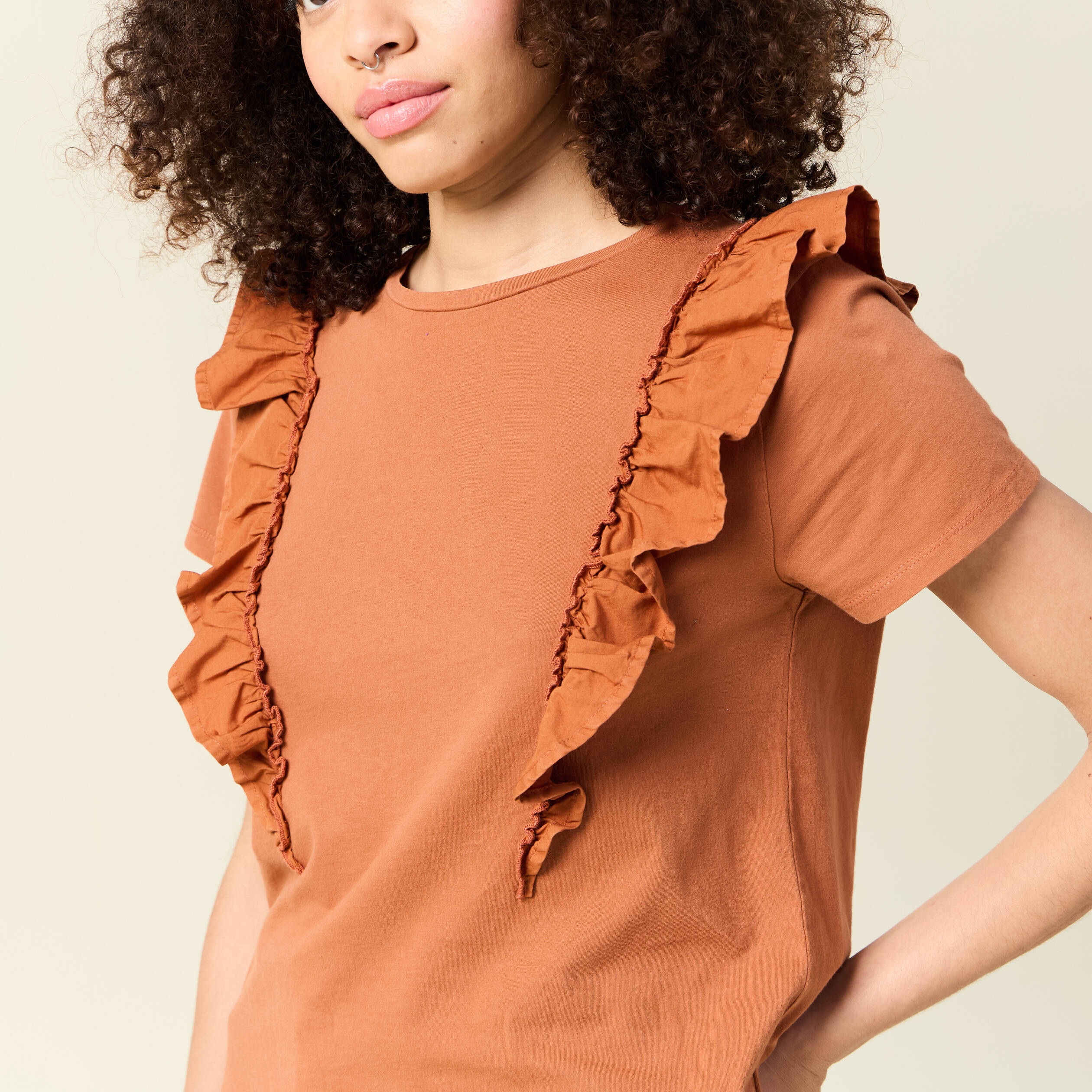 t shirt en coton manches courtes marron cognac femme T-shirt en coton manches courtes marron cognac femme