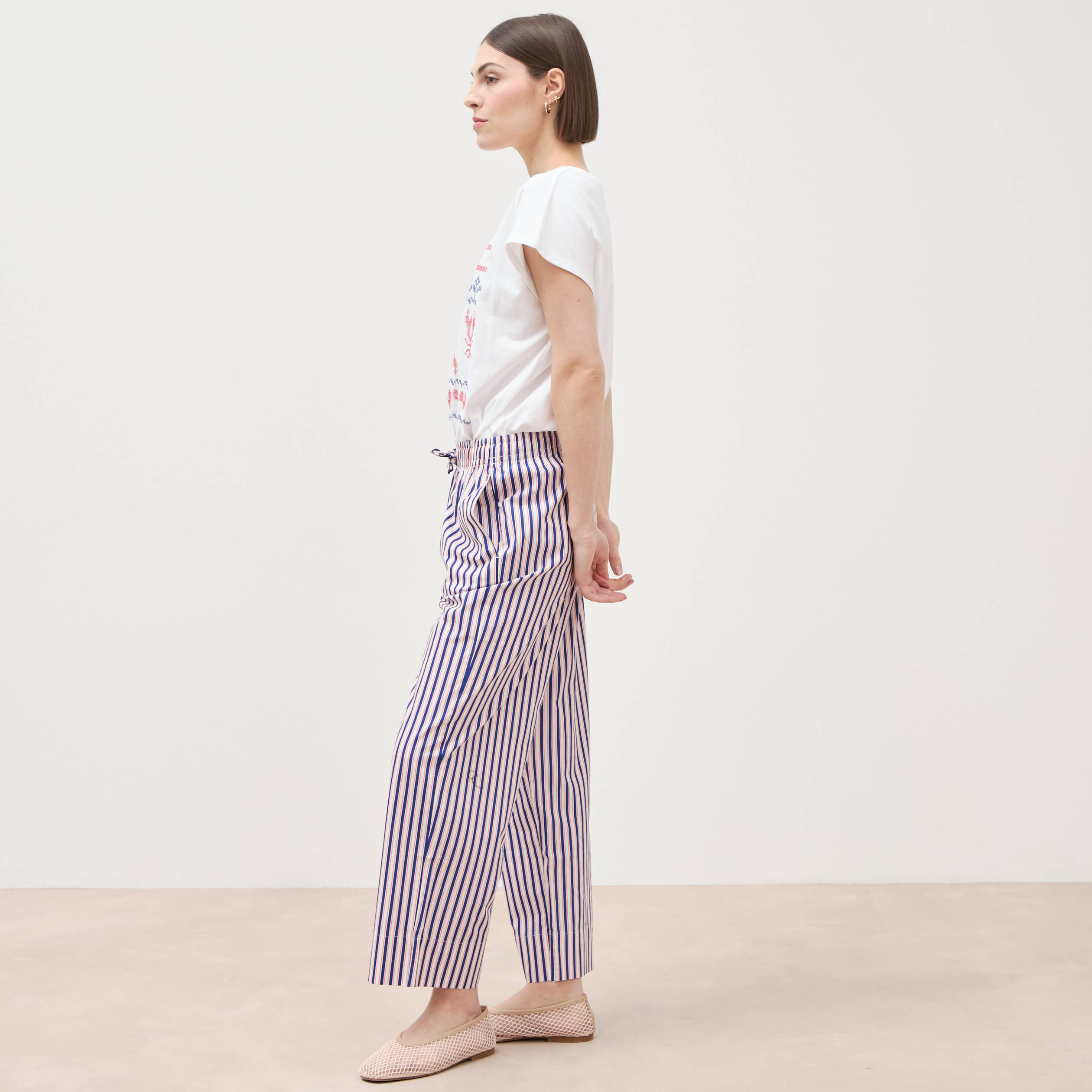 Pantalon large taille haute en coton blanc femme