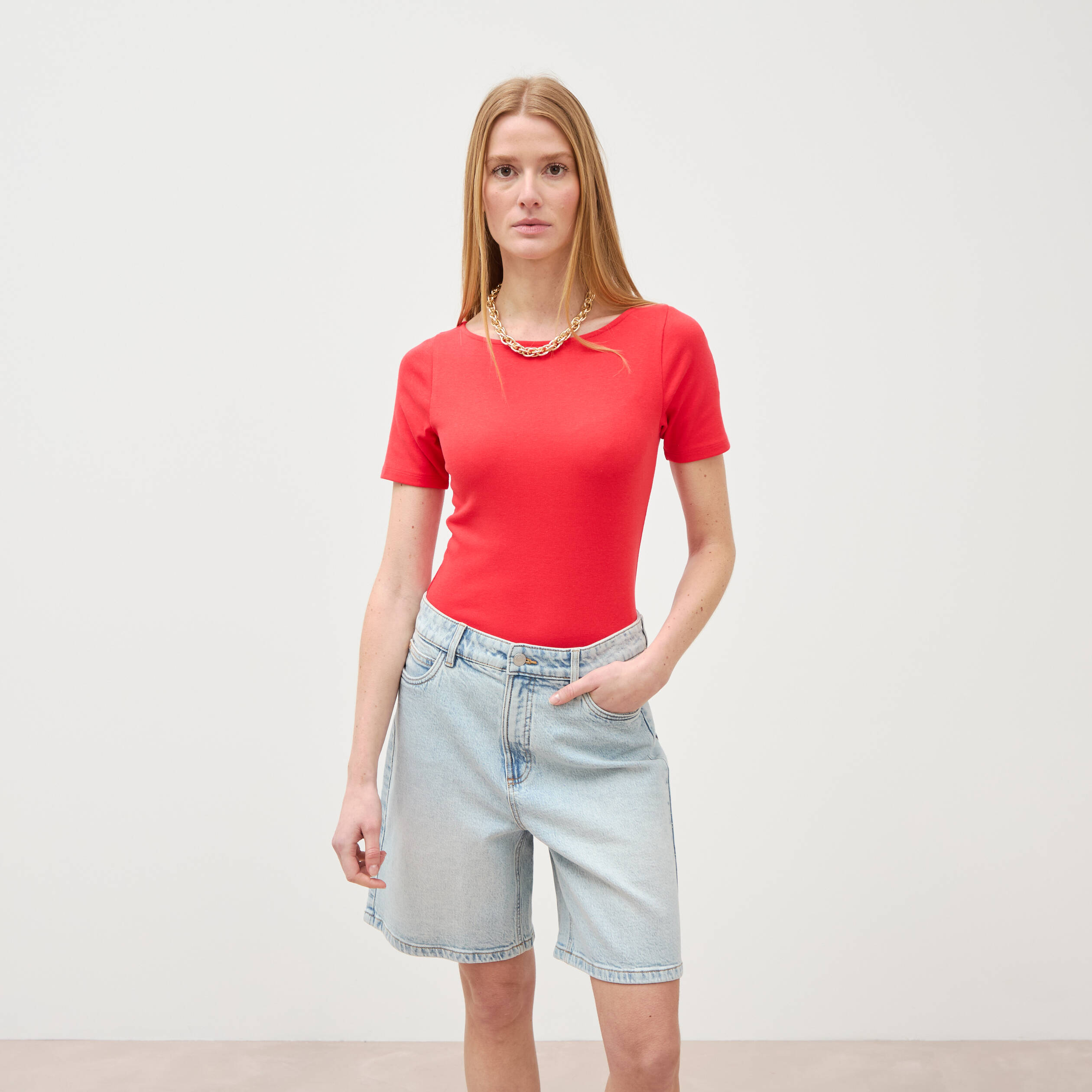Bermuda jeans large taille haute denim snow bleach femme