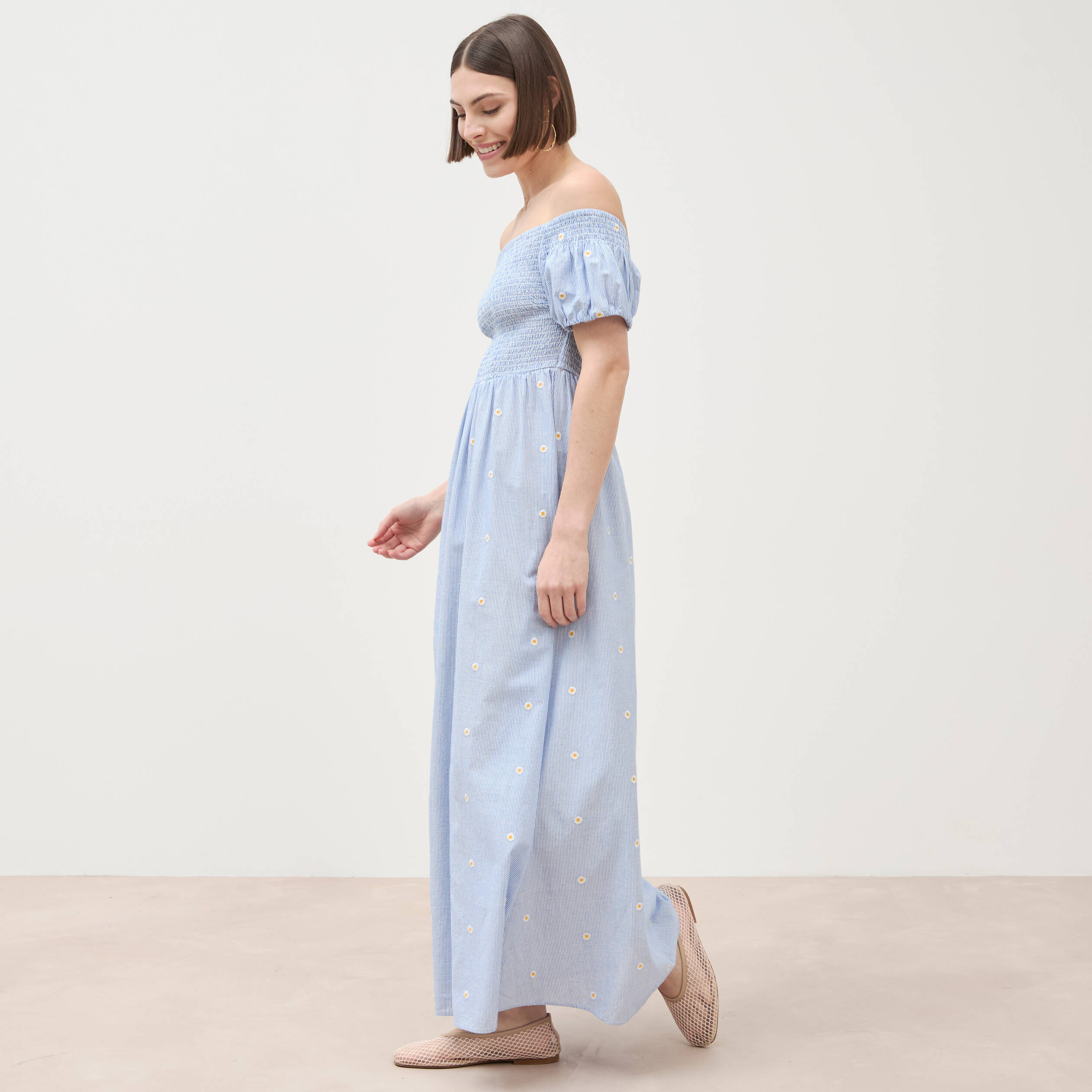 Robe col carr&eacute; manches courtes coton blanc femme