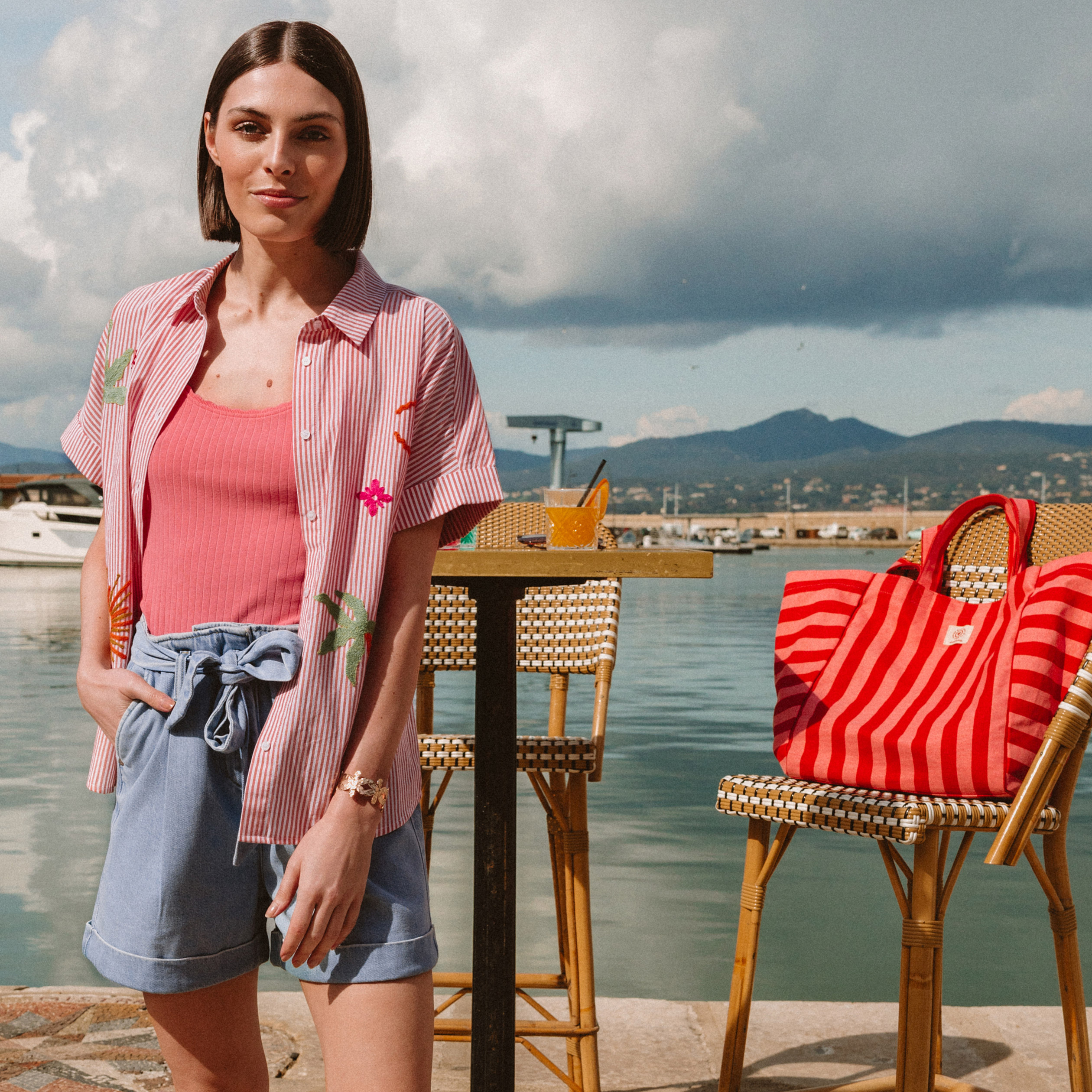 Chemise ample en coton &agrave; broderie orange abricot femme