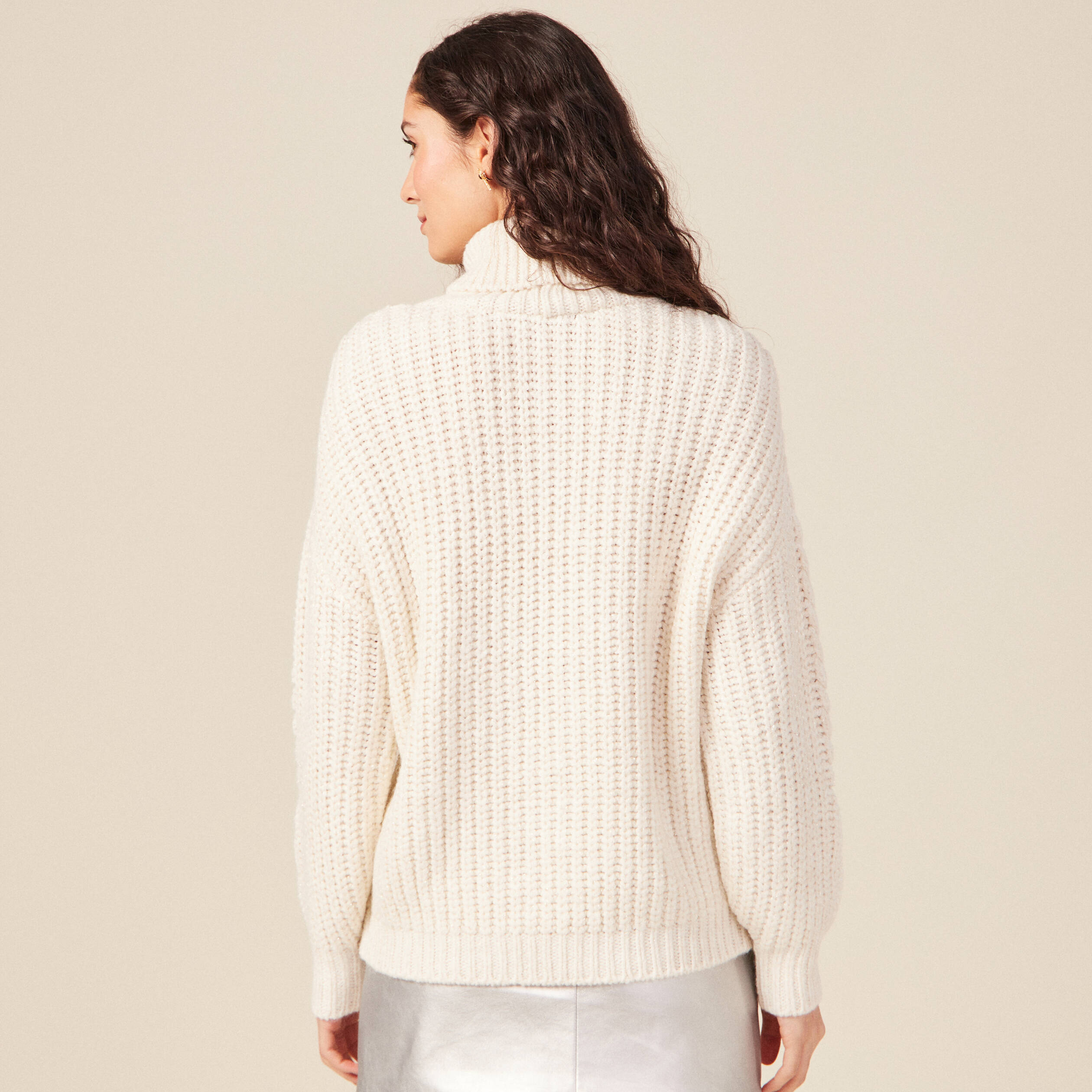 Pull manches longues col roulé ecru femme