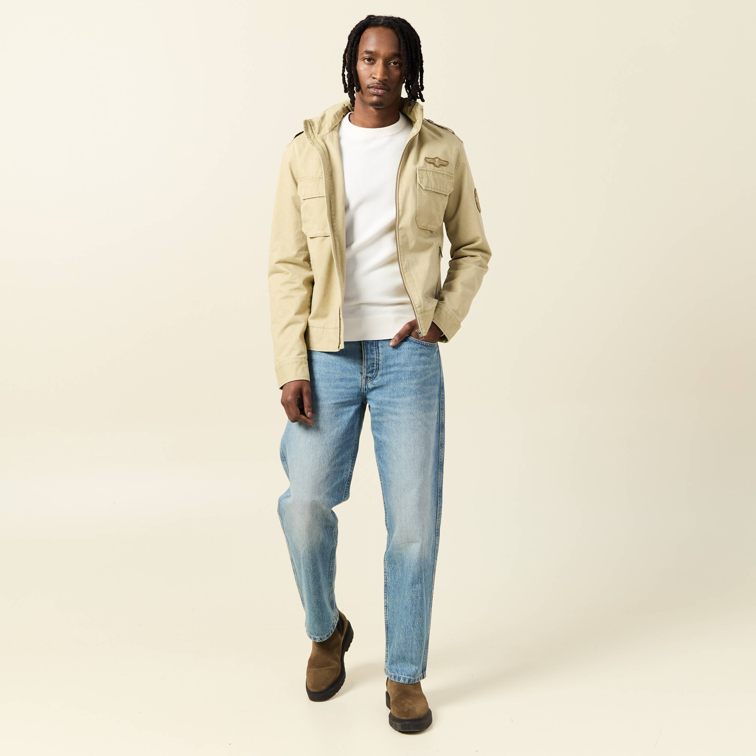 Blouson style biker zipp&eacute; beige homme