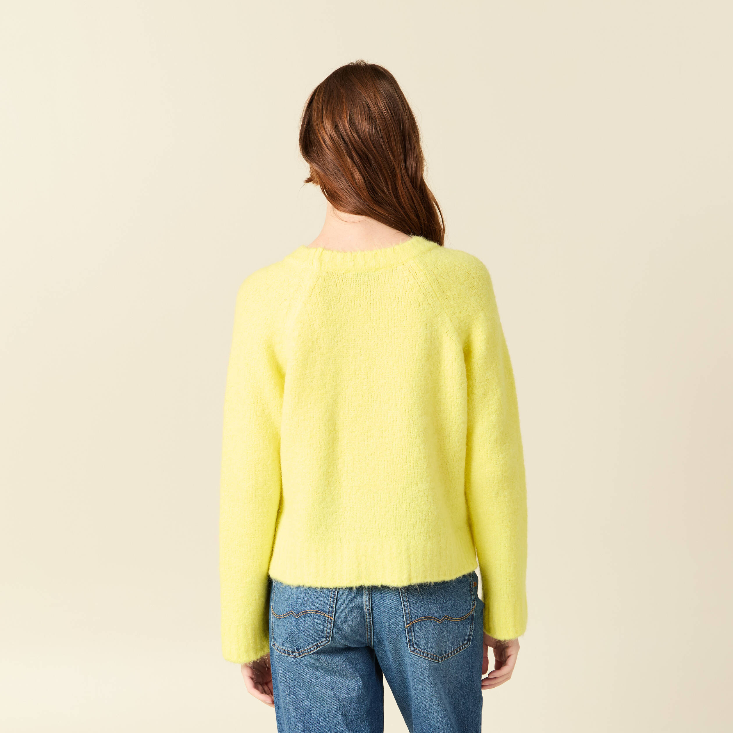 Pull manches longues col rond jaune femme