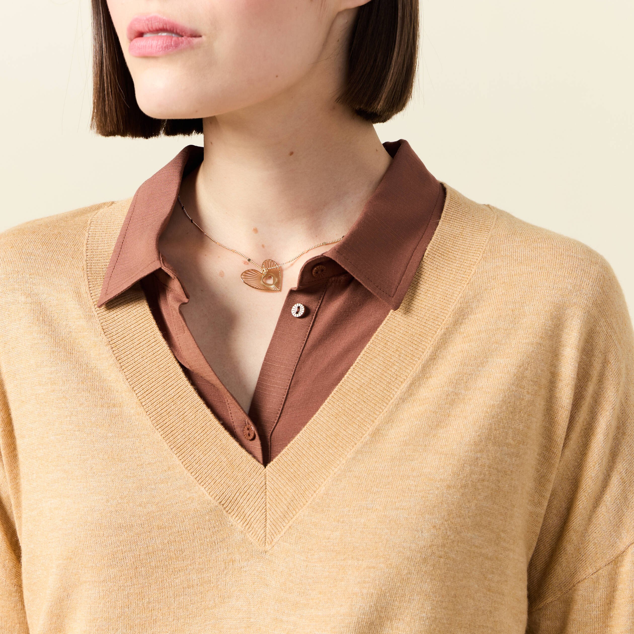 pull fin col v manches longues marron clair femme Pull fin col V manches longues marron clair femme