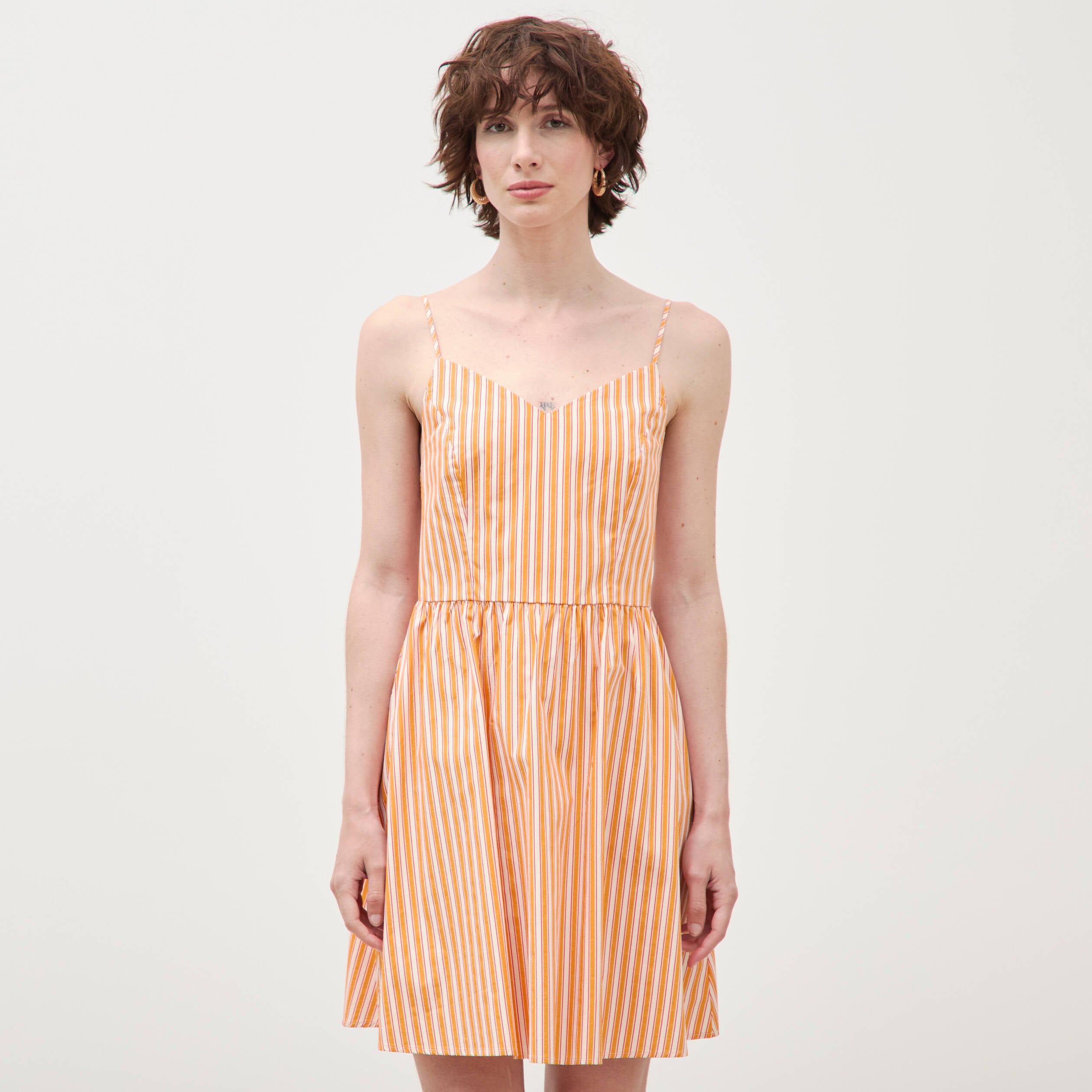 Robe bretelle col c&oelig;ur en coton orange abricot femme