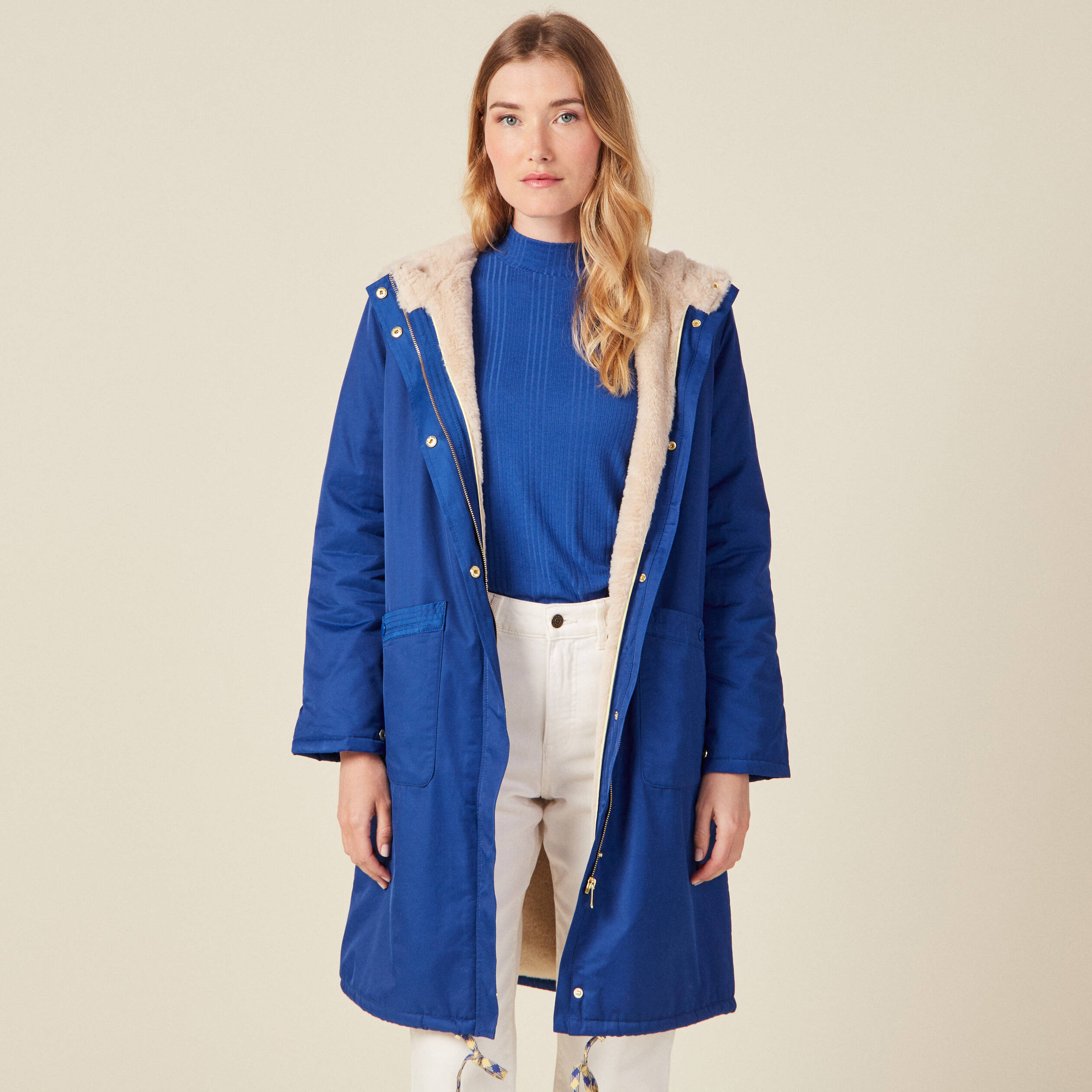 Parka droite à capuche doublée bleu electrique femme Bonobo