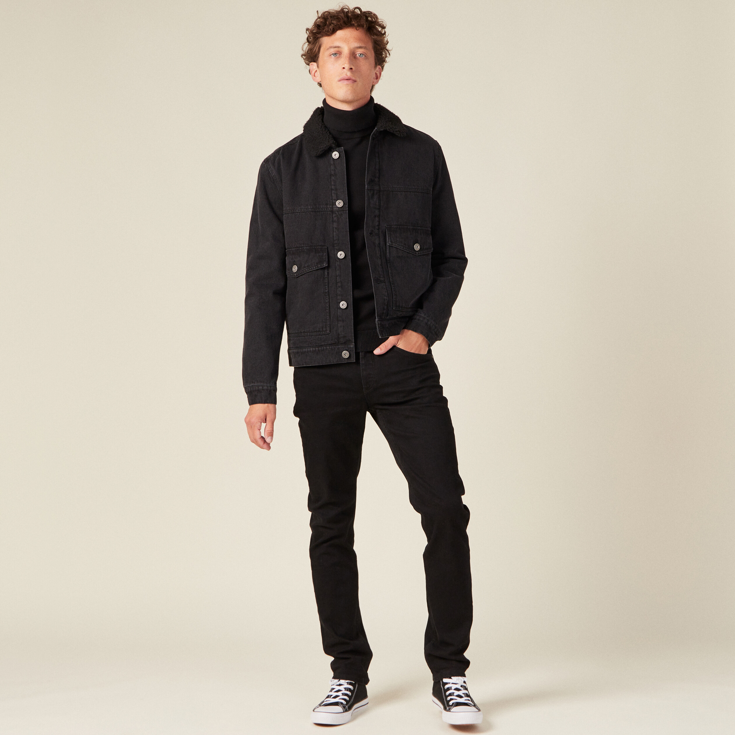 Veste droite en jean denim noir homme